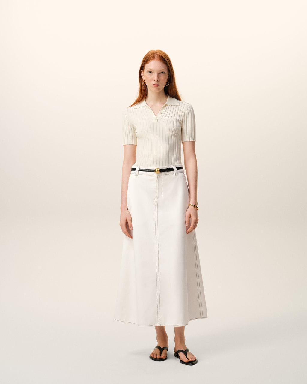 White Cotton Gabardine Long Trapeze Skirt