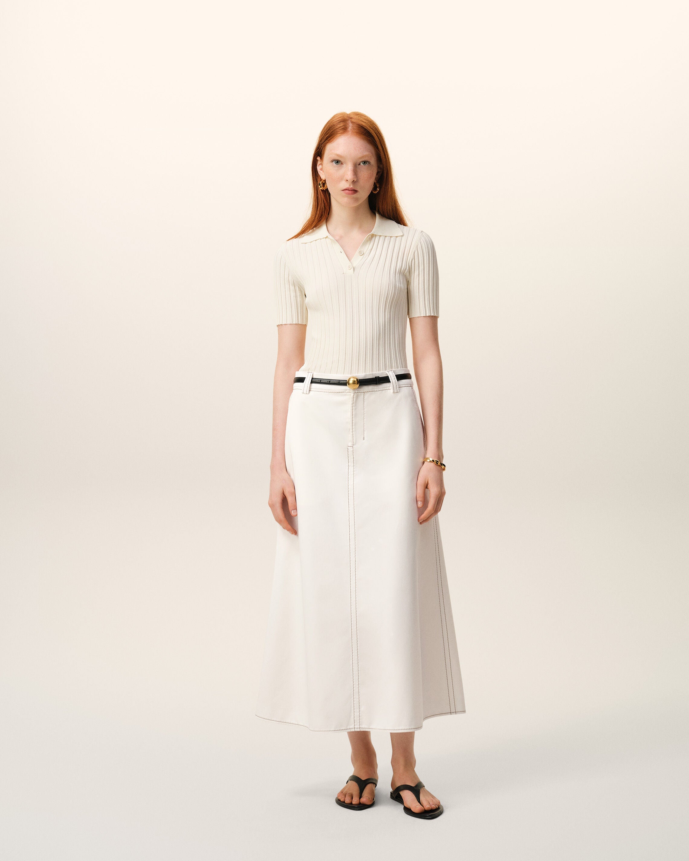 White Cotton Gabardine Long Trapeze Skirt