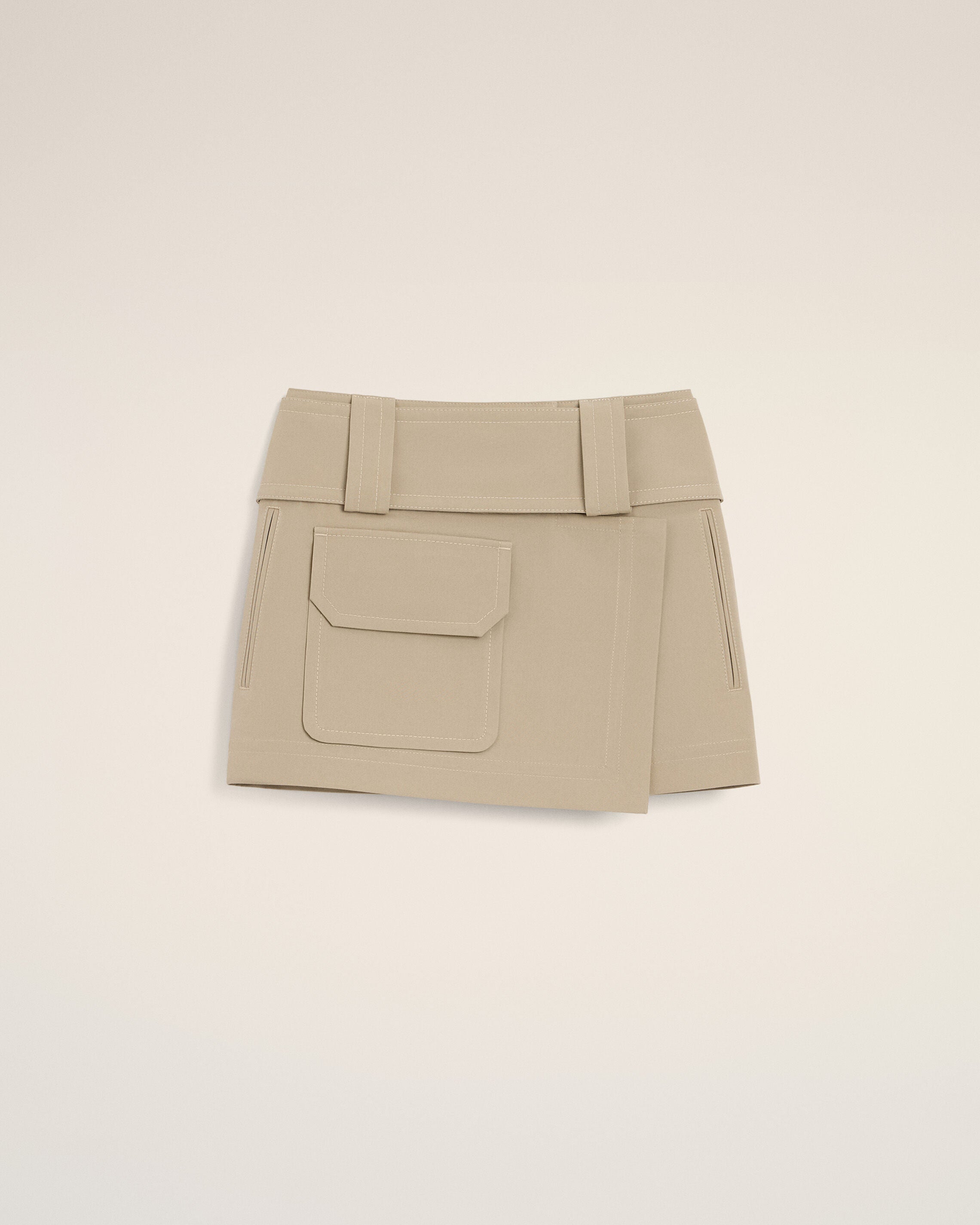 Beige Cotton Wrap Mini Skirt