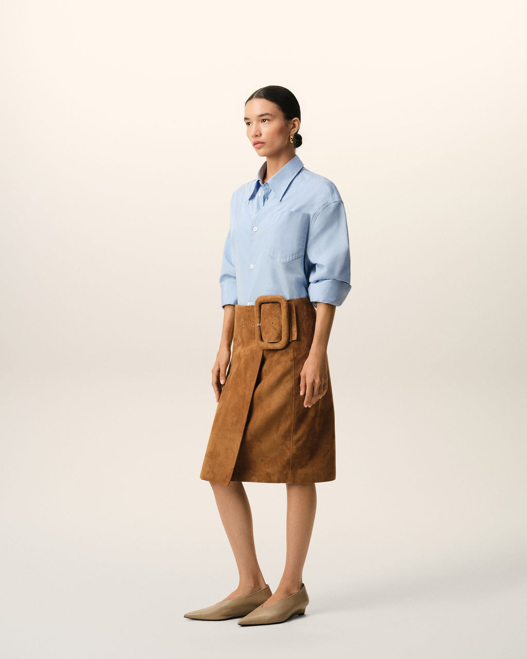 Brown Goat Leather Big Buckle Belted Midi Skirt