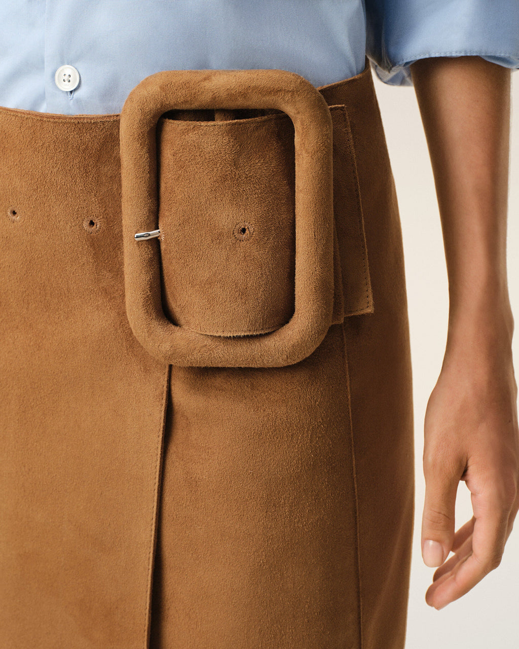 Brown Goat Leather Big Buckle Belted Midi Skirt
