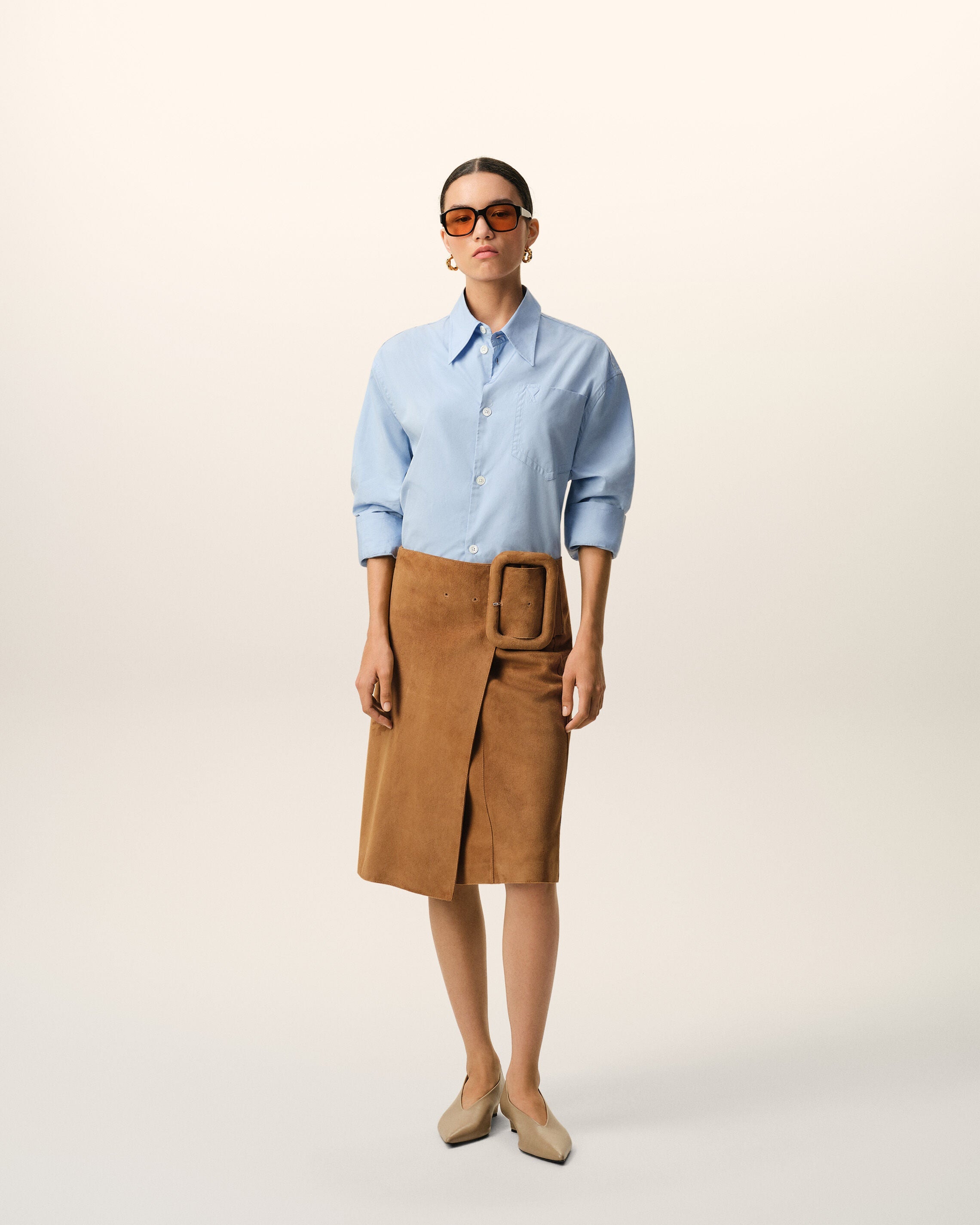 Brown Goat Leather Big Buckle Belted Midi Skirt