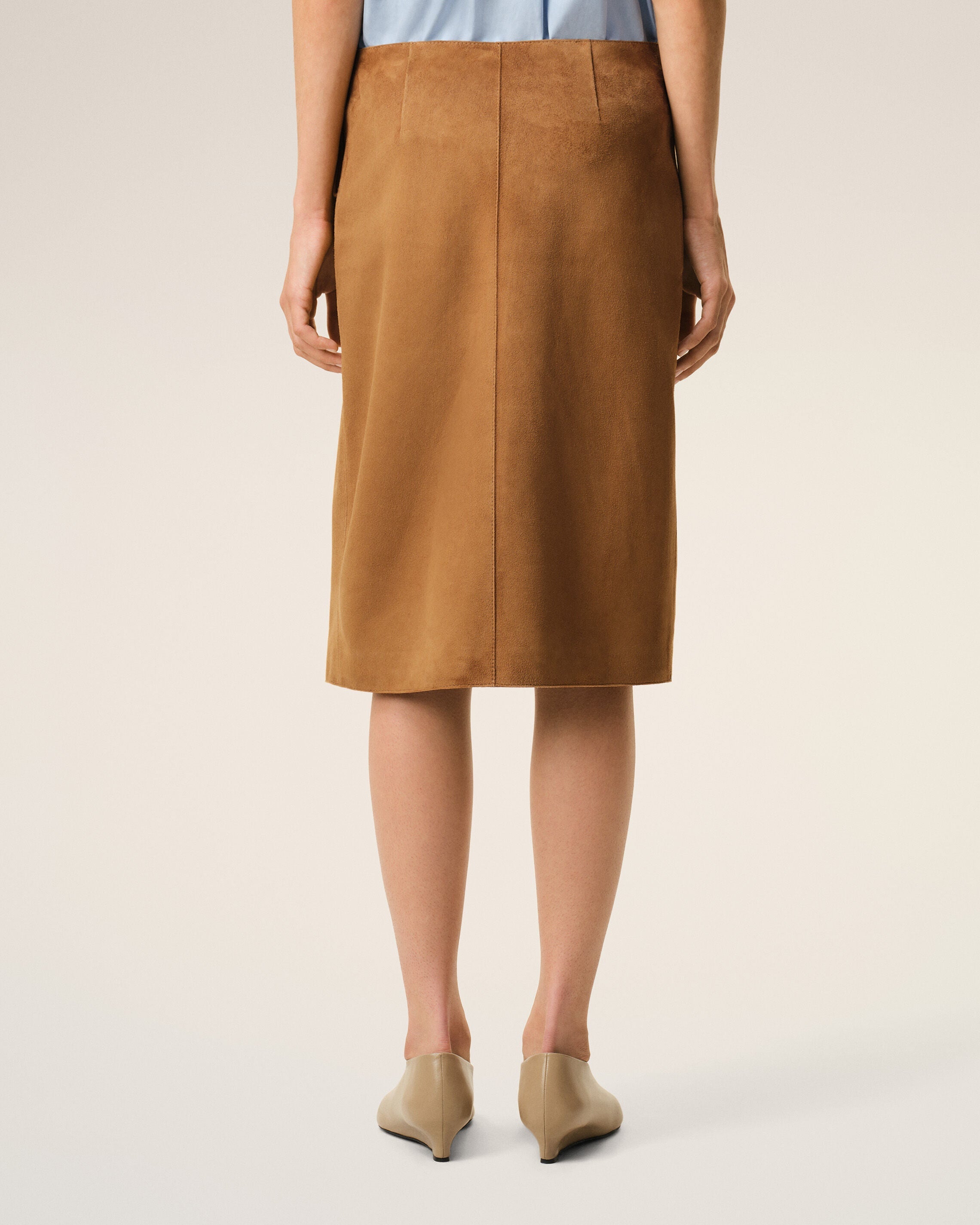 Brown Goat Leather Big Buckle Belted Midi Skirt