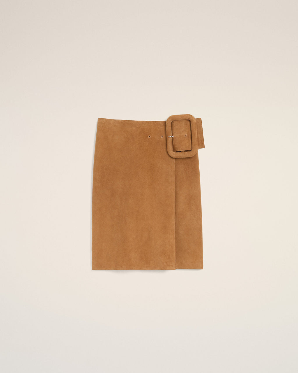 Brown Goat Leather Big Buckle Belted Midi Skirt