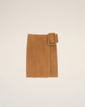 Brown Goat Leather Big Buckle Belted Midi Skirt