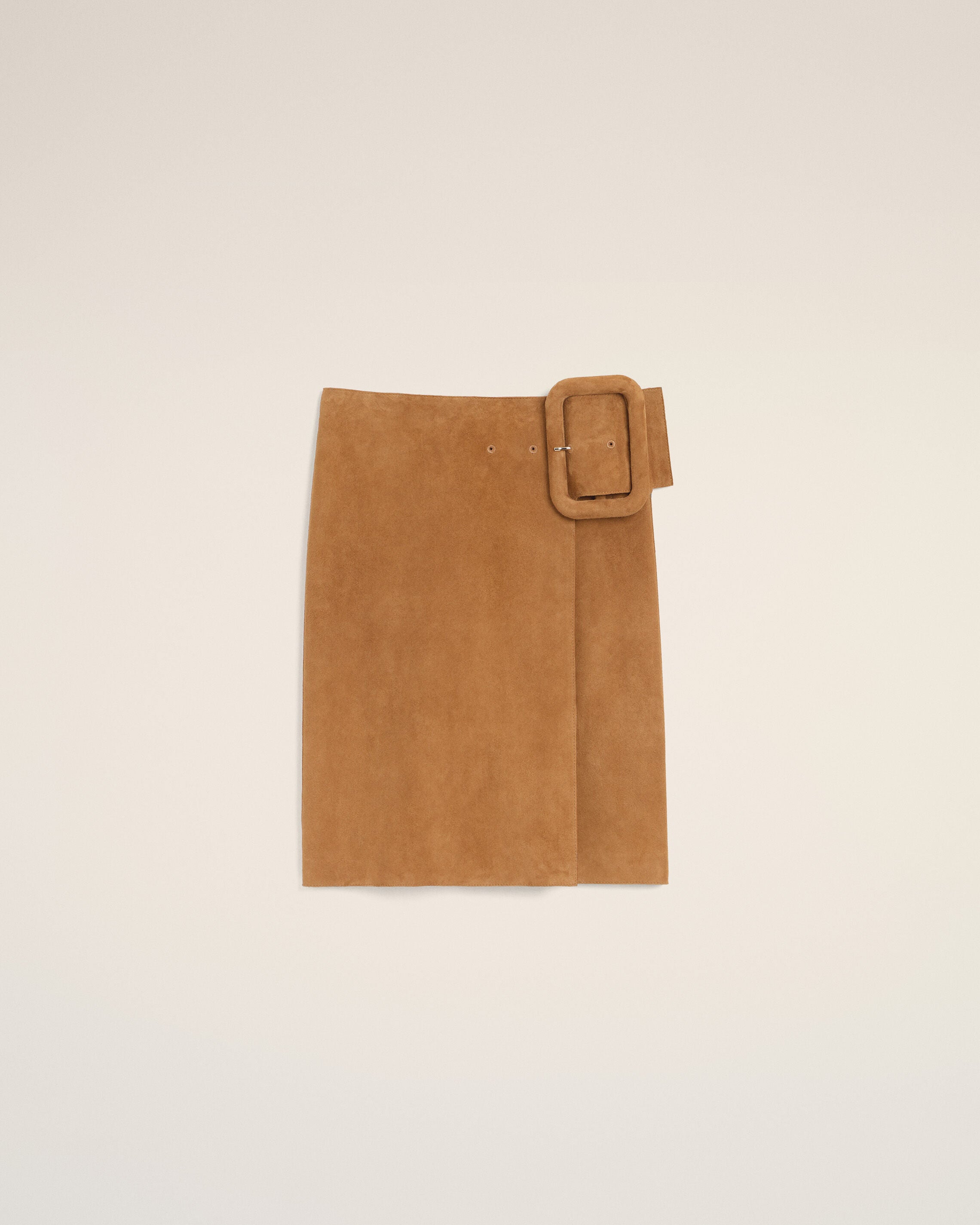 Brown Goat Leather Big Buckle Belted Midi Skirt