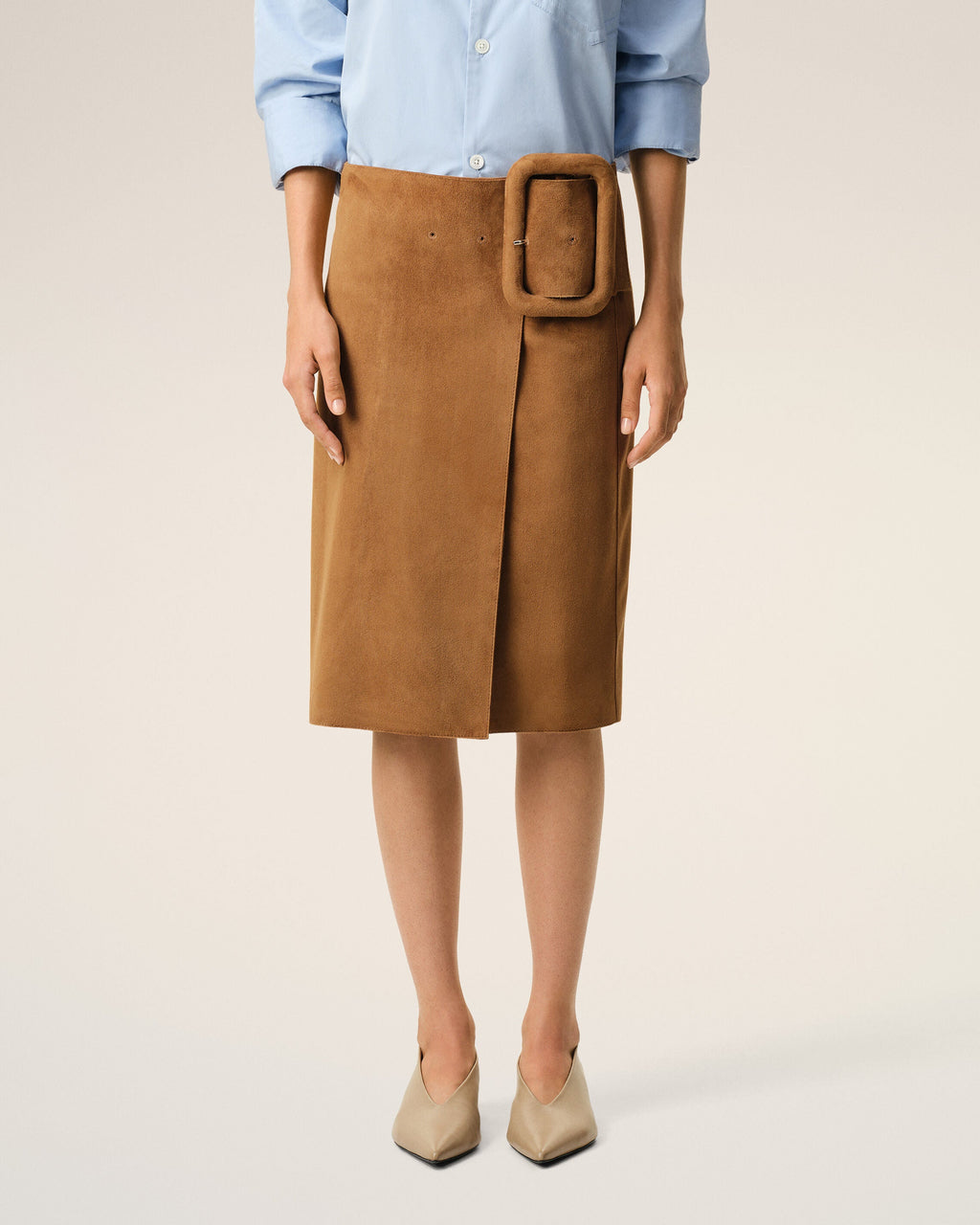 Brown Goat Leather Big Buckle Belted Midi Skirt