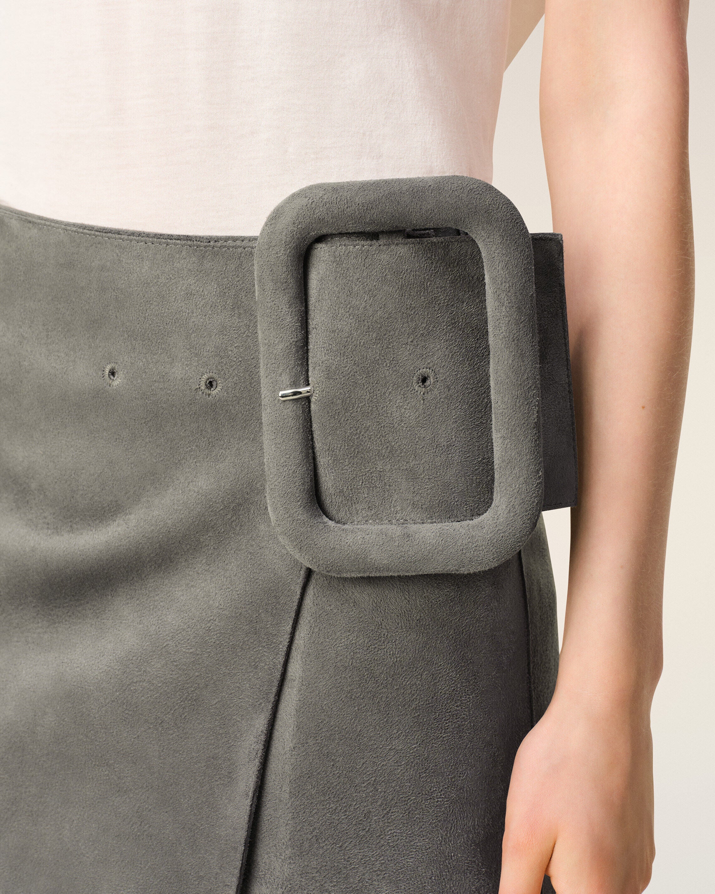 Grey Goat Leather Big Buckle Belted Mini Skirt