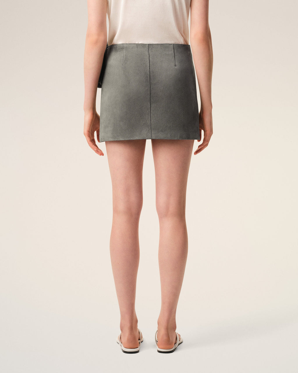 Grey Goat Leather Big Buckle Belted Mini Skirt