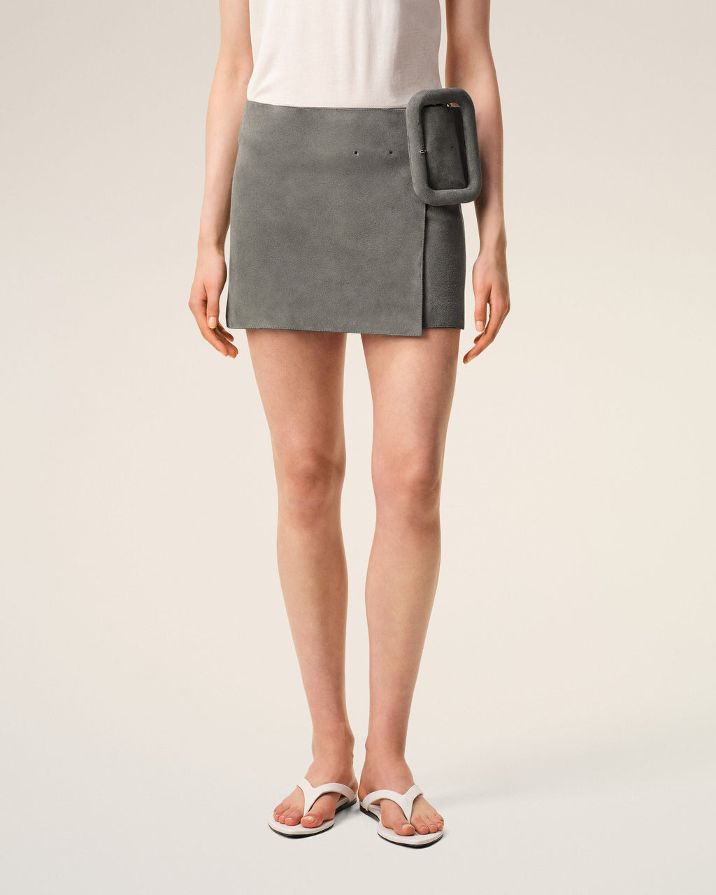 Grey Goat Leather Big Buckle Belted Mini Skirt