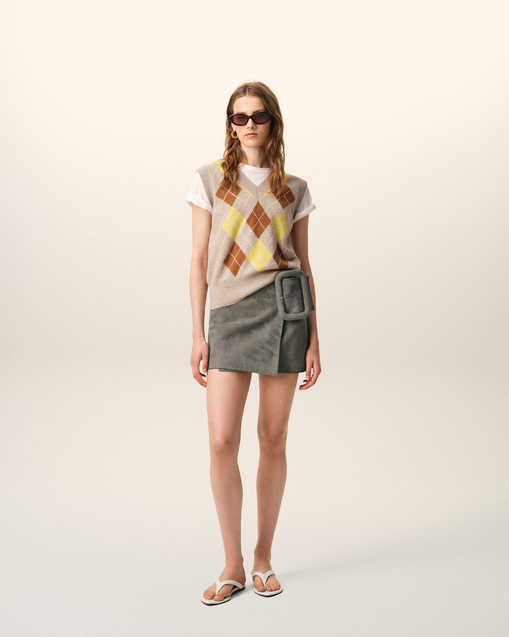 Grey Goat Leather Big Buckle Belted Mini Skirt
