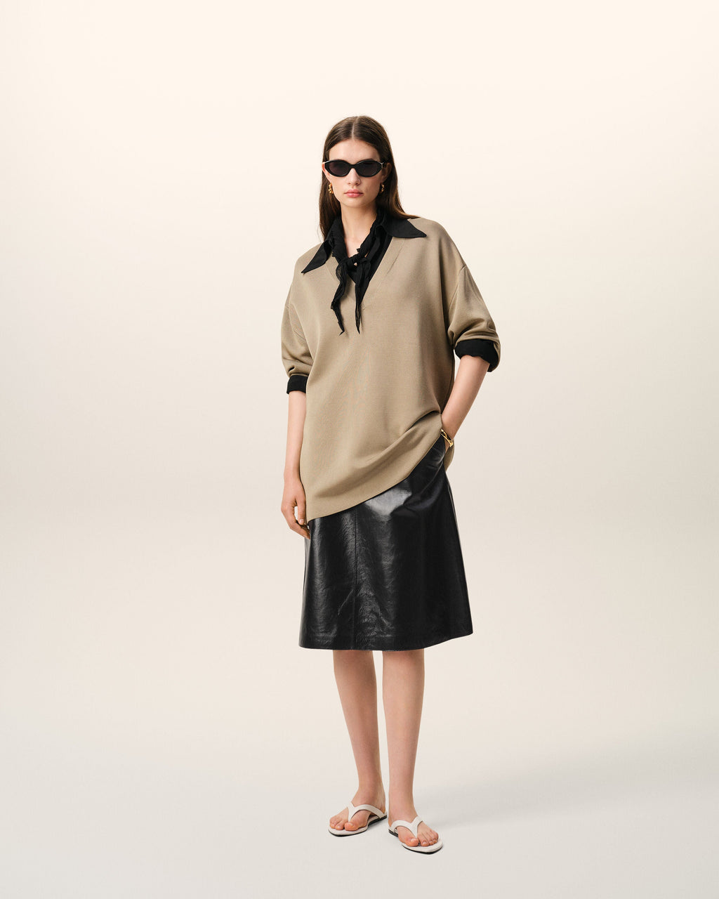 Black Lamb Leather Midi Trapeze Skirt