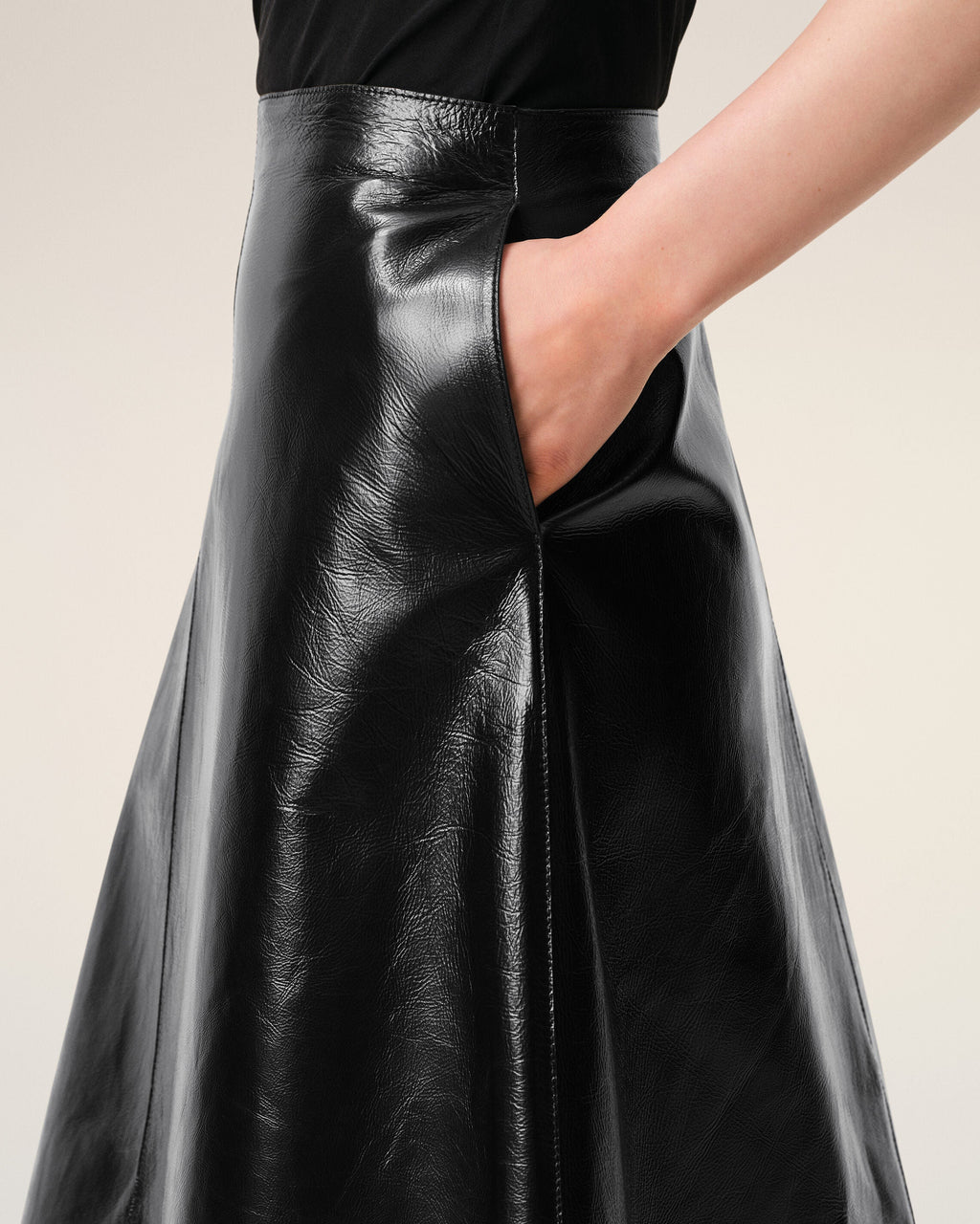 Black Lamb Leather Midi Trapeze Skirt