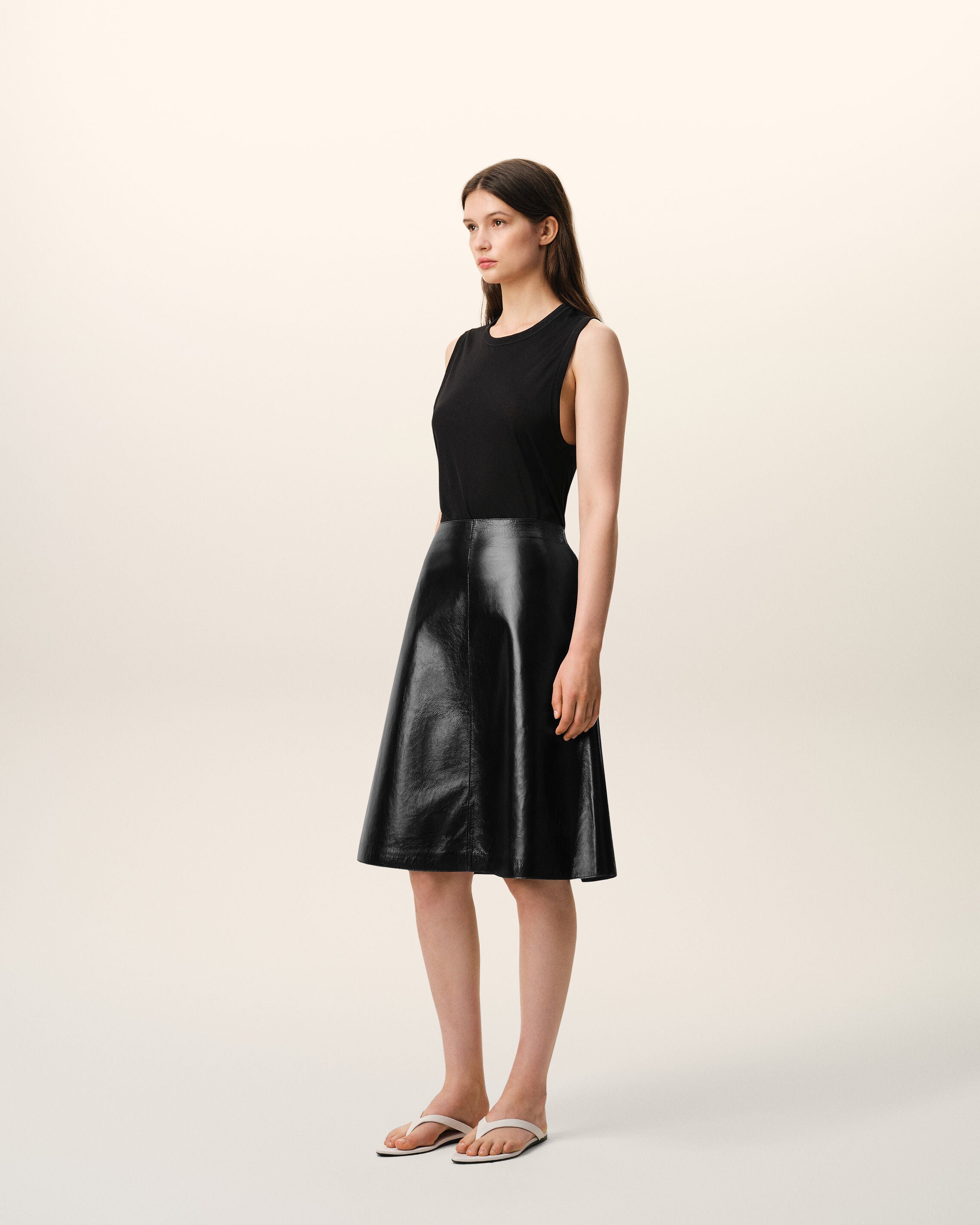 Black Lamb Leather Midi Trapeze Skirt