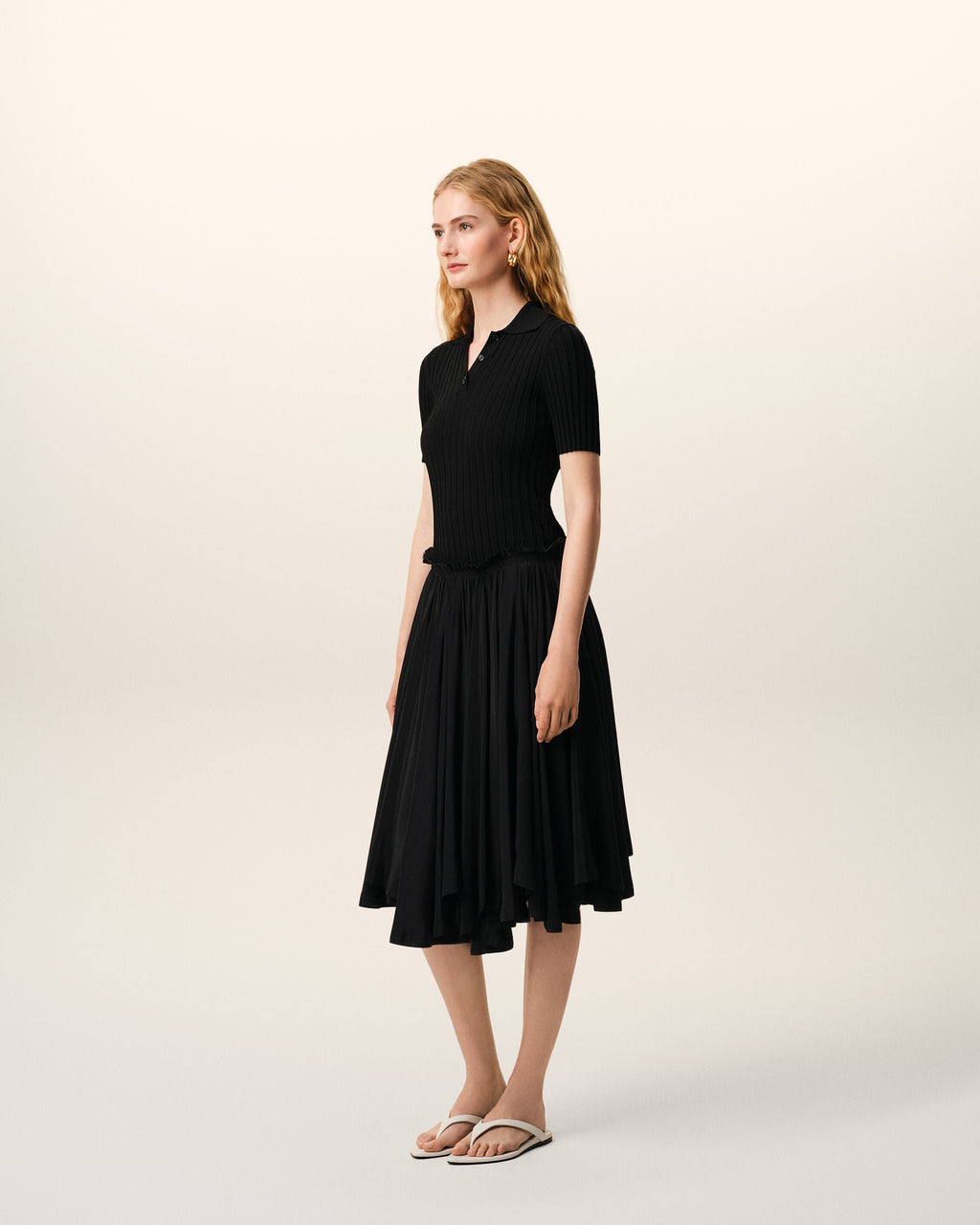 Black Blended Silk Midi Corolla Skirt