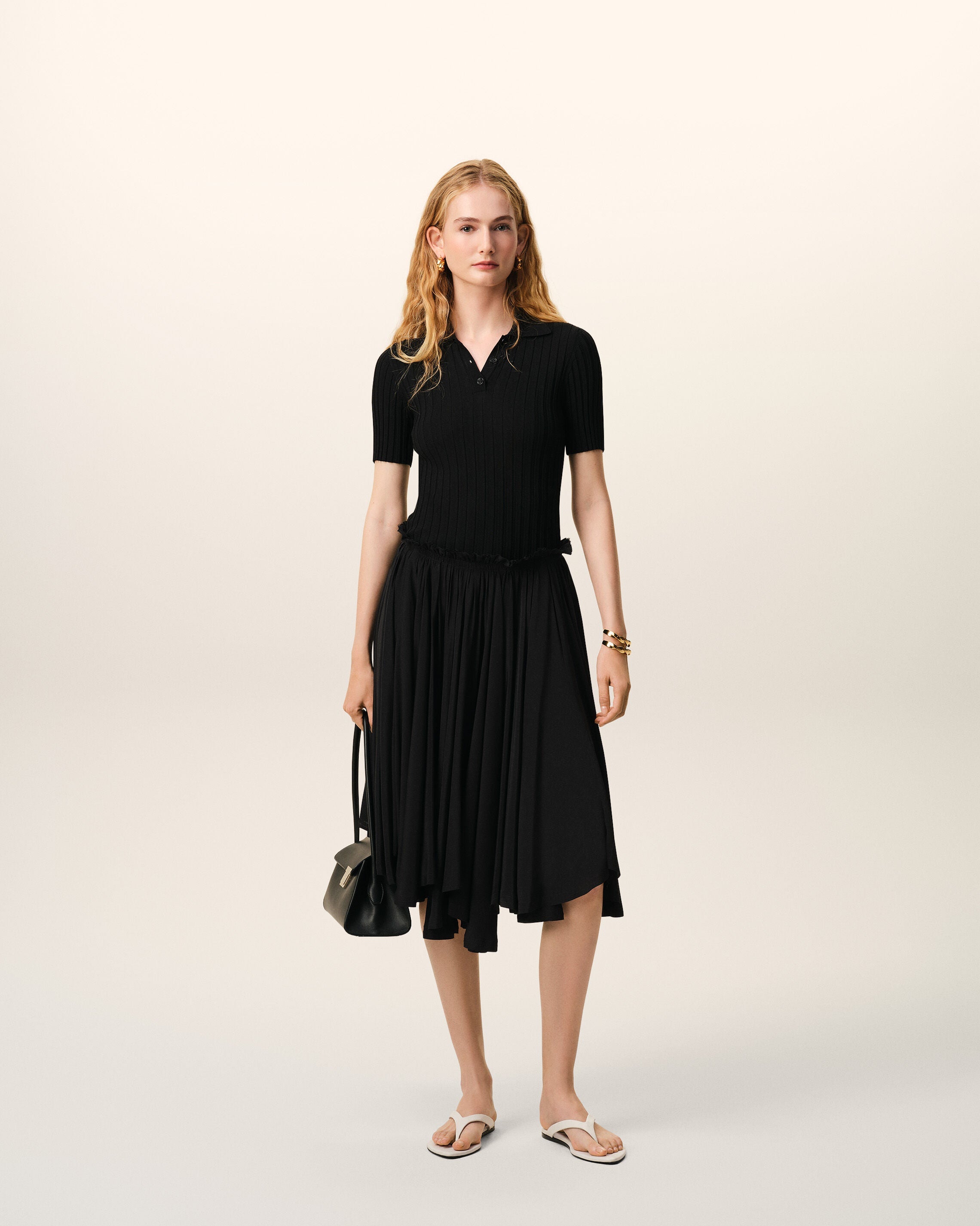 Black Blended Silk Midi Corolla Skirt