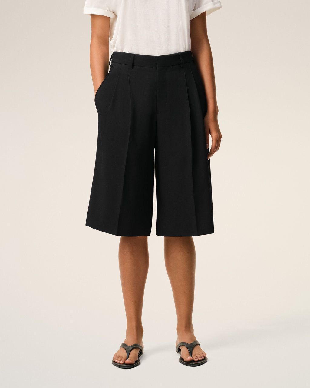 Black New Wool High Waist Wide Bermuda Shorts