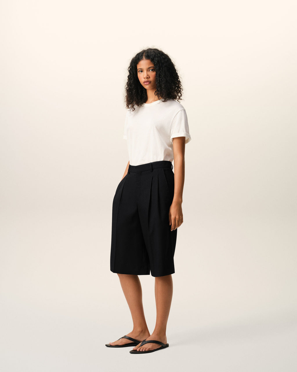 Black New Wool High Waist Wide Bermuda Shorts