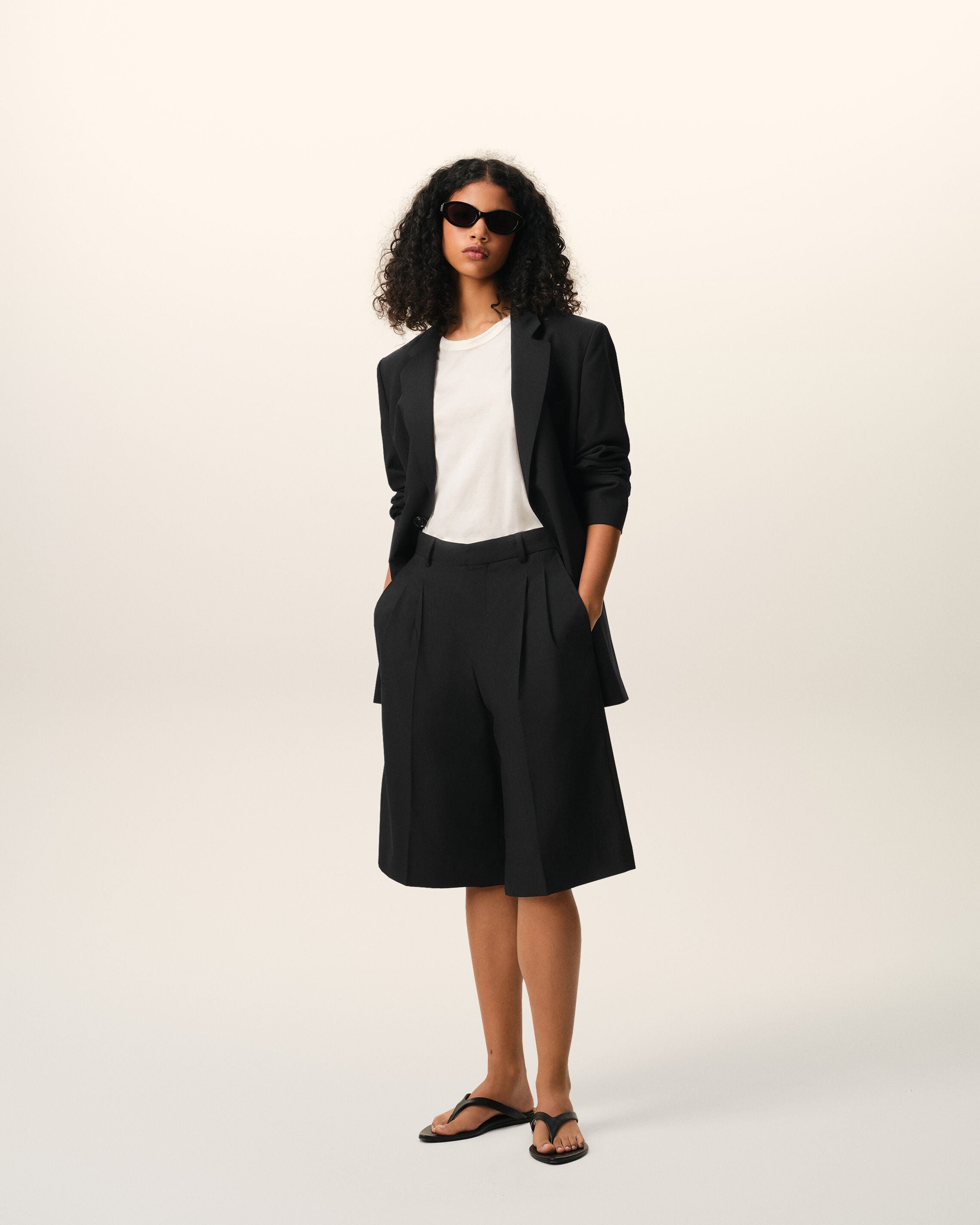 Black New Wool High Waist Wide Bermuda Shorts