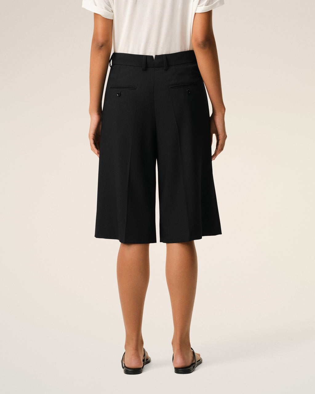 Black New Wool High Waist Wide Bermuda Shorts