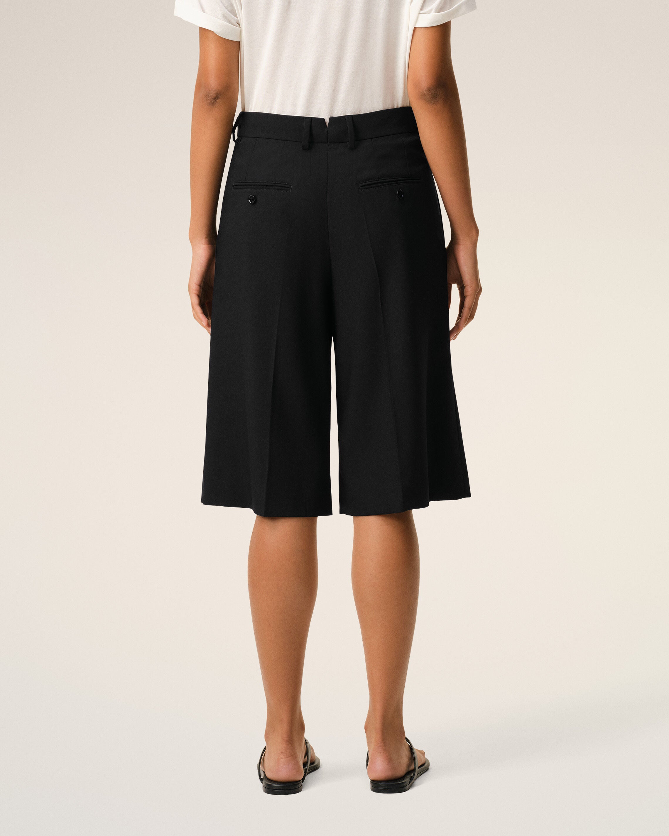 Black New Wool High Waist Wide Bermuda Shorts