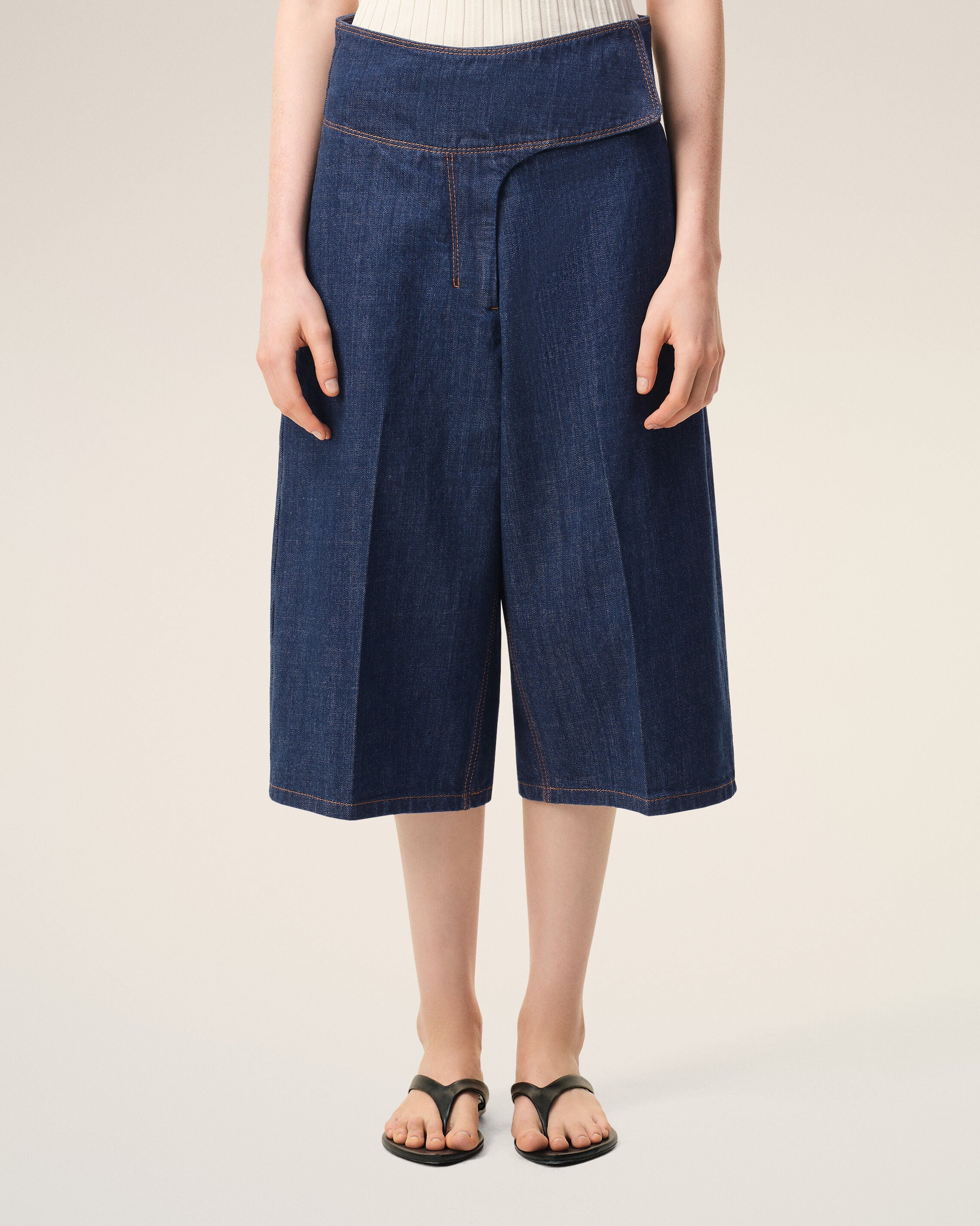 Blue Cotton Wrapped Belted Bermuda Shorts