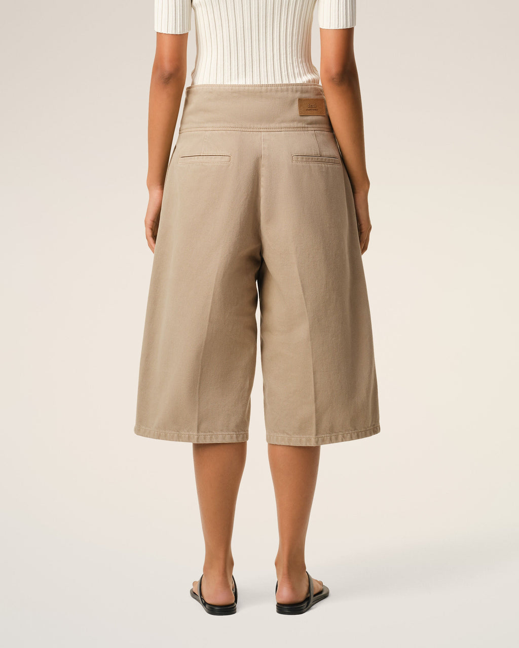 Beige Cotton Wrapped Belted Bermuda Shorts