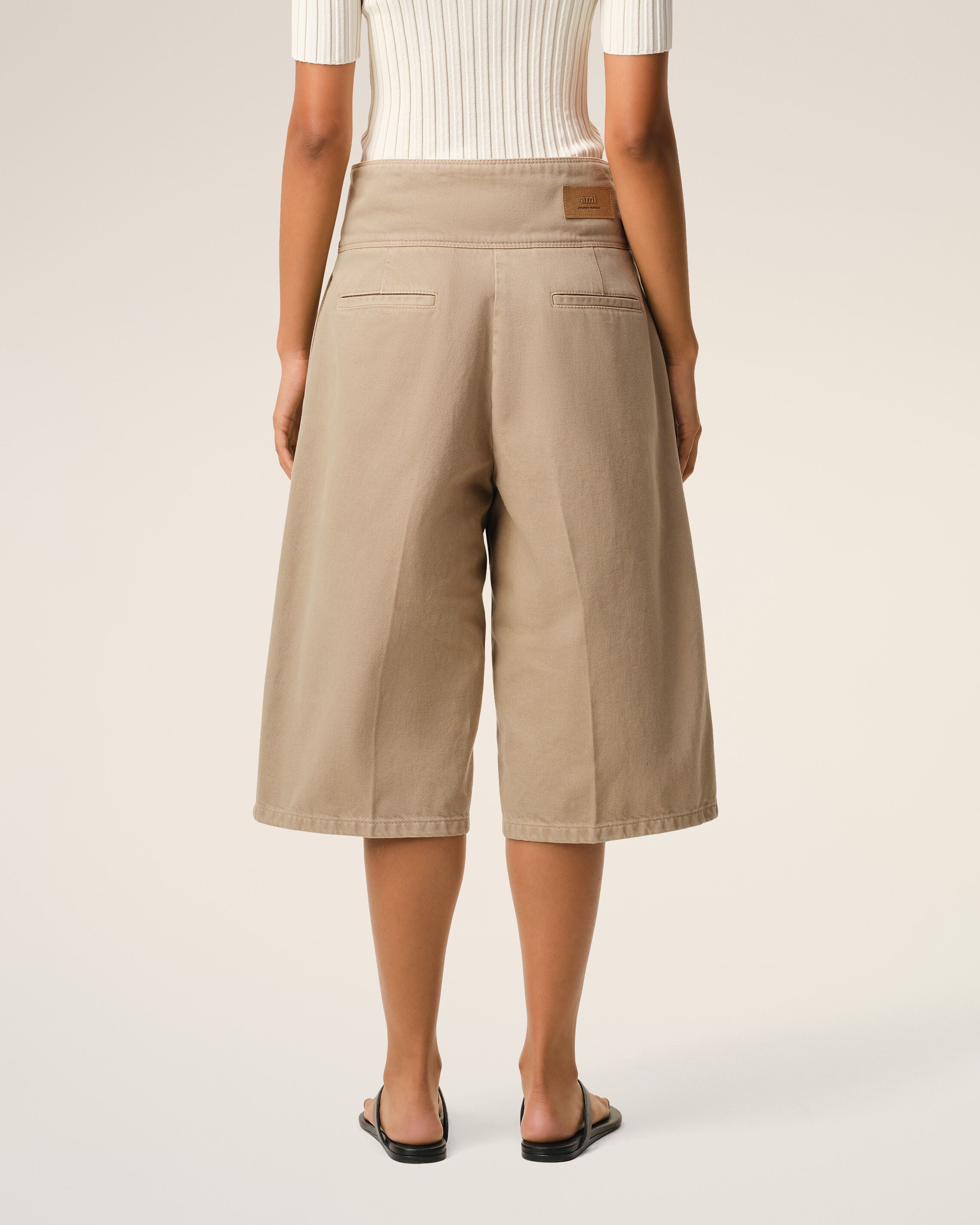Beige Cotton Wrapped Belted Bermuda Shorts