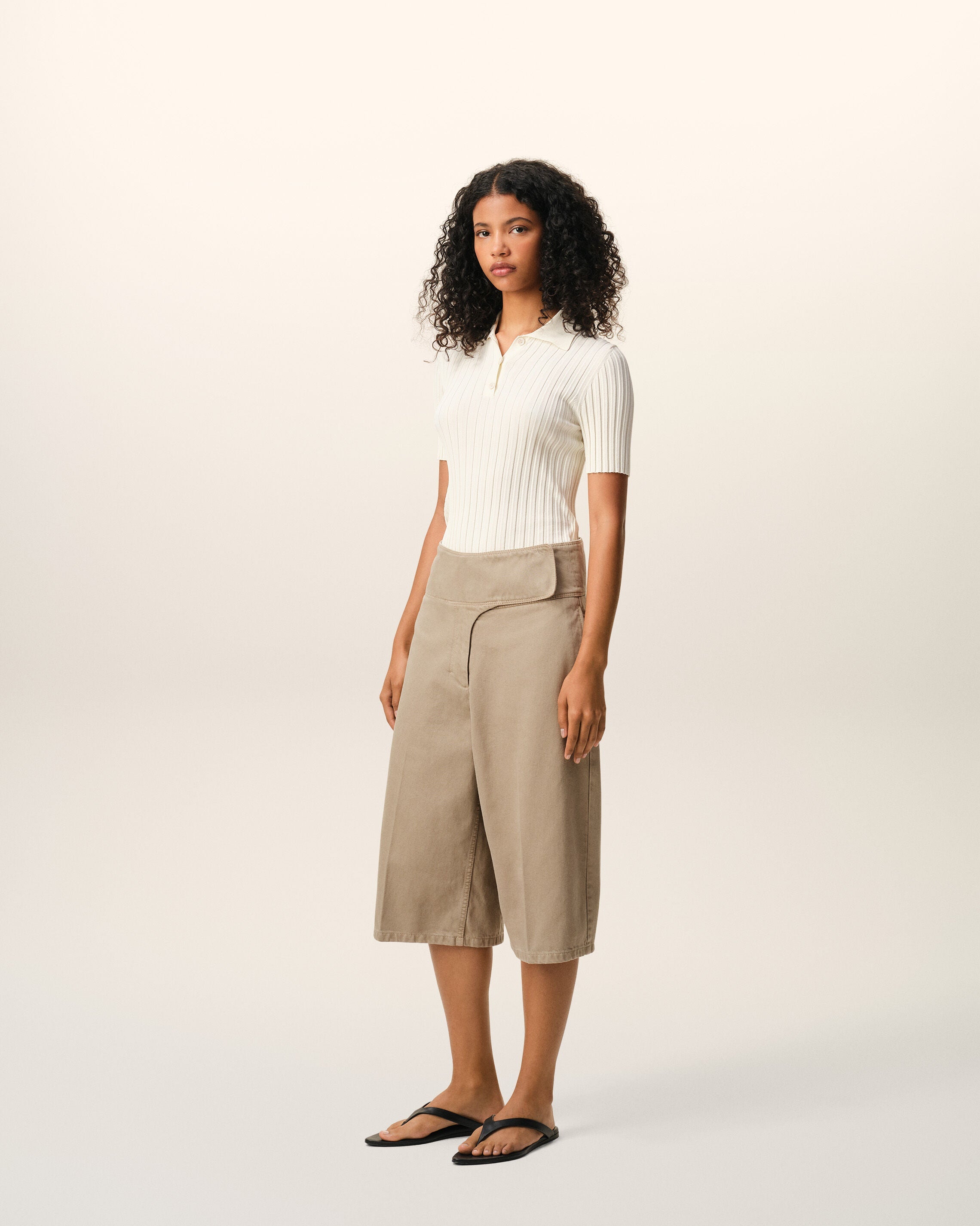 Beige Cotton Wrapped Belted Bermuda Shorts