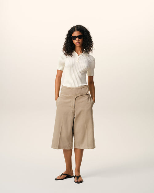Beige Cotton Wrapped Belted Bermuda Shorts