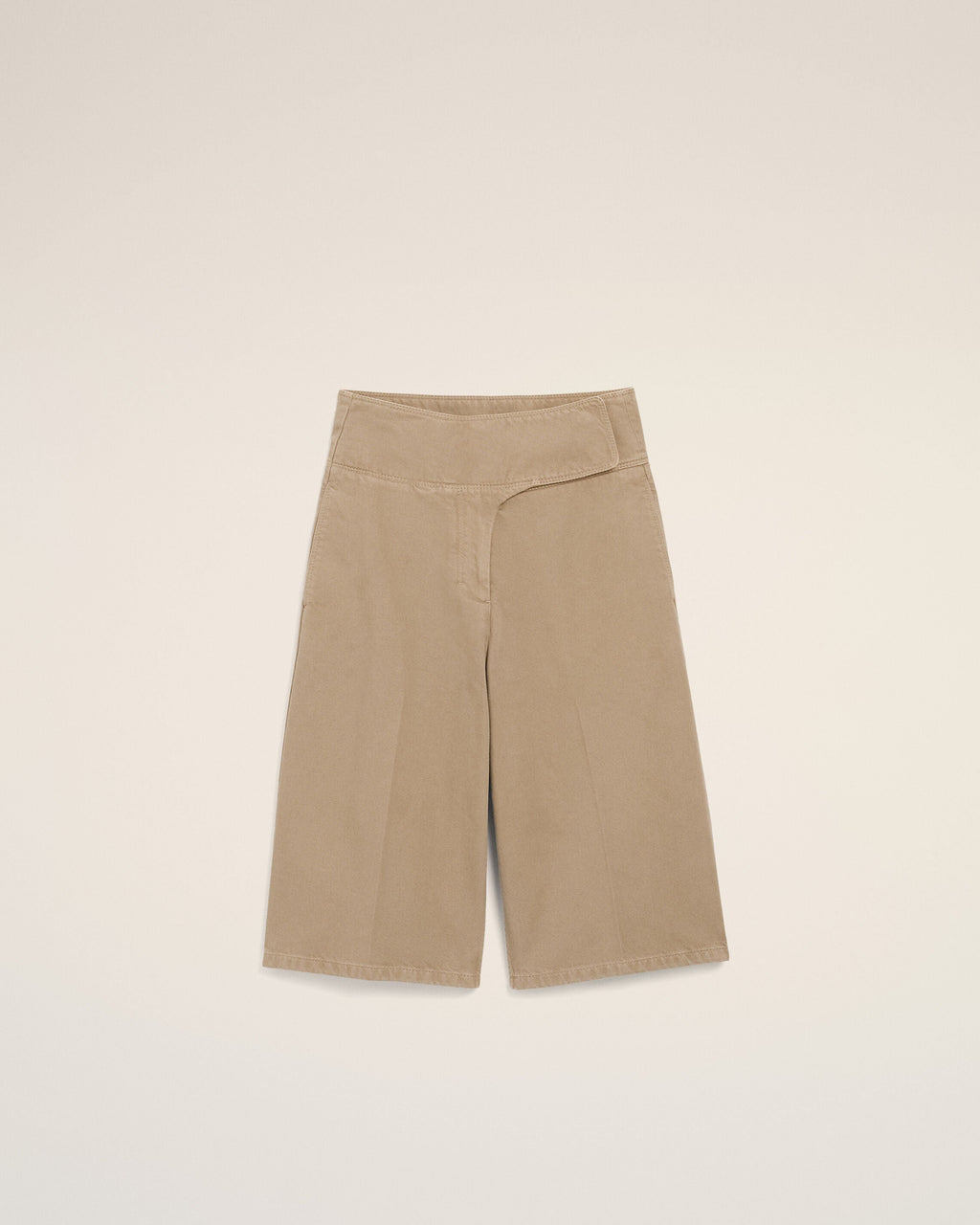 Beige Cotton Wrapped Belted Bermuda Shorts