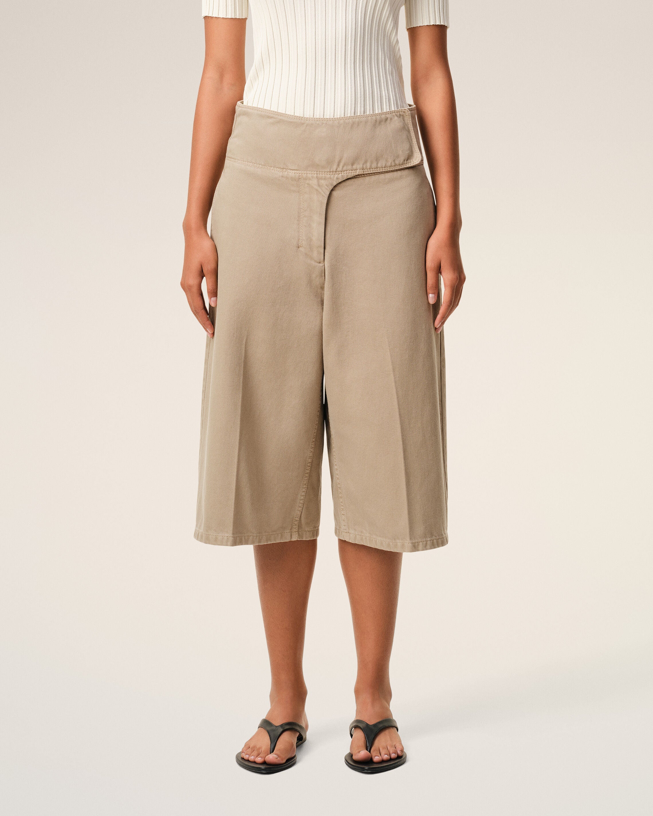 Beige Cotton Wrapped Belted Bermuda Shorts