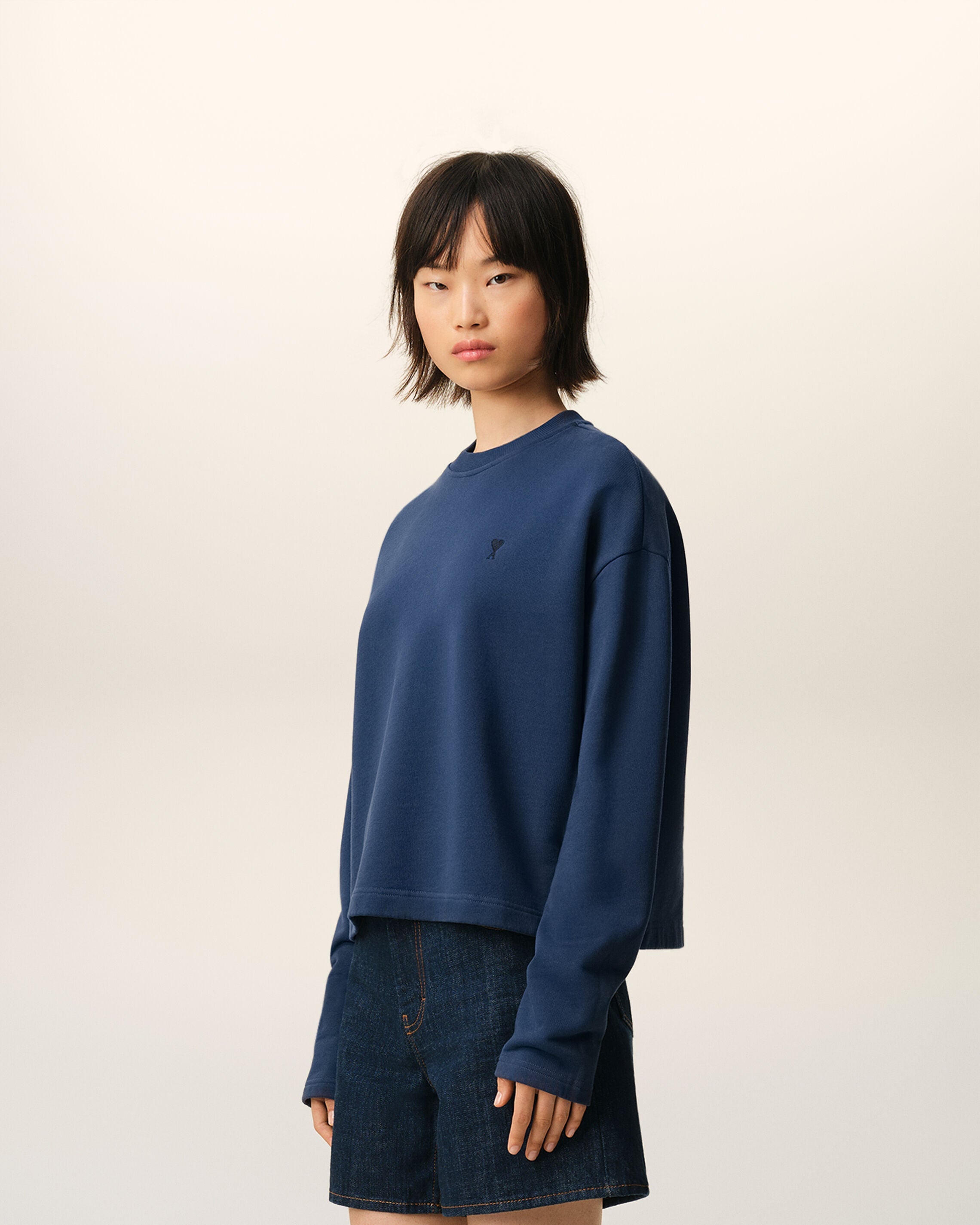 Blue Cotton Ami De Coeur Cropped Sweatshirt