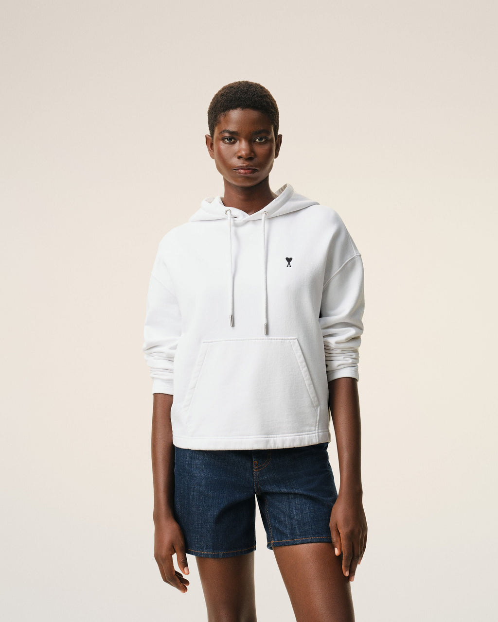 White Cotton Ami De Coeur Cropped Hoodie