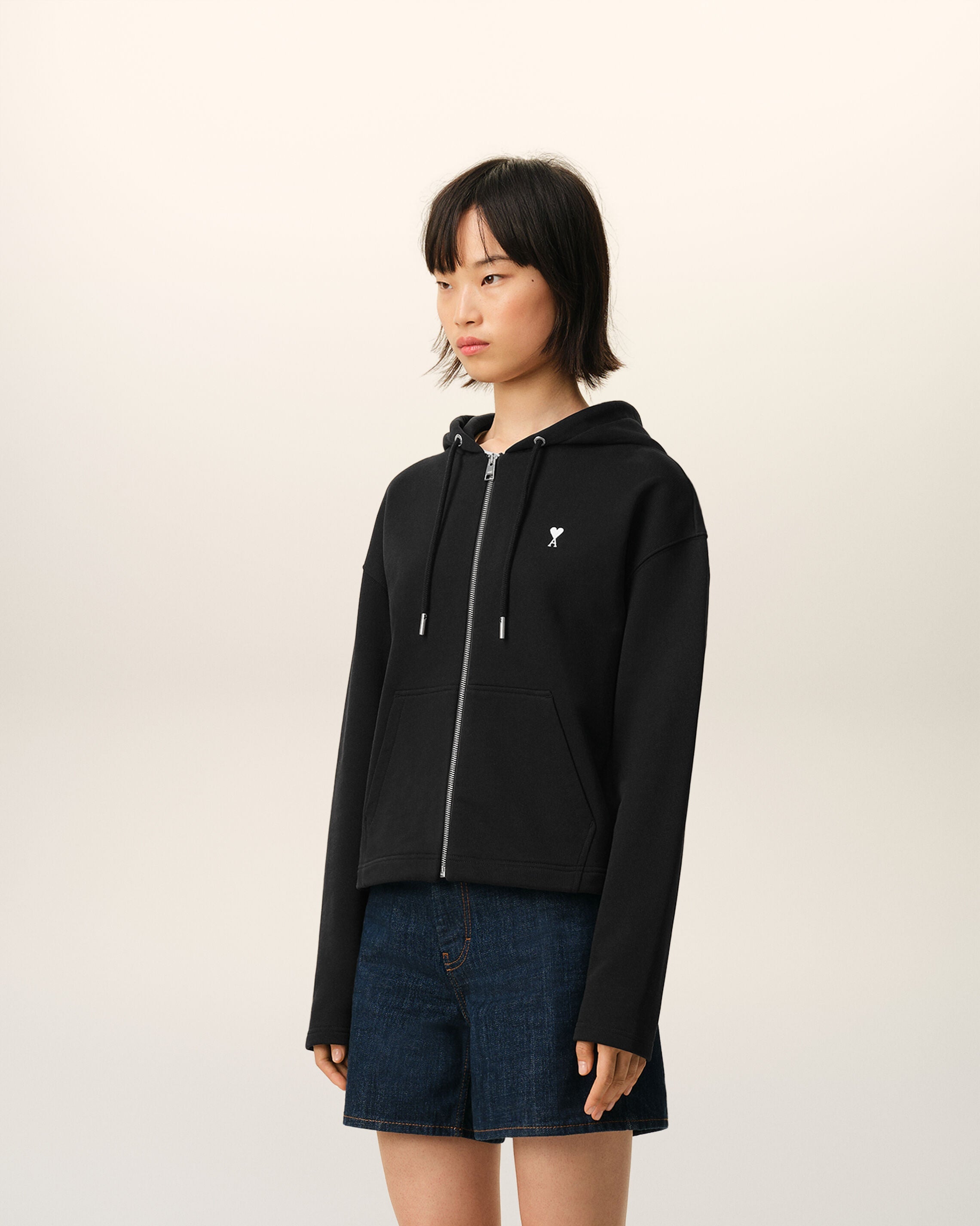 Black Cotton Ami De Coeur Zipped Hoodie