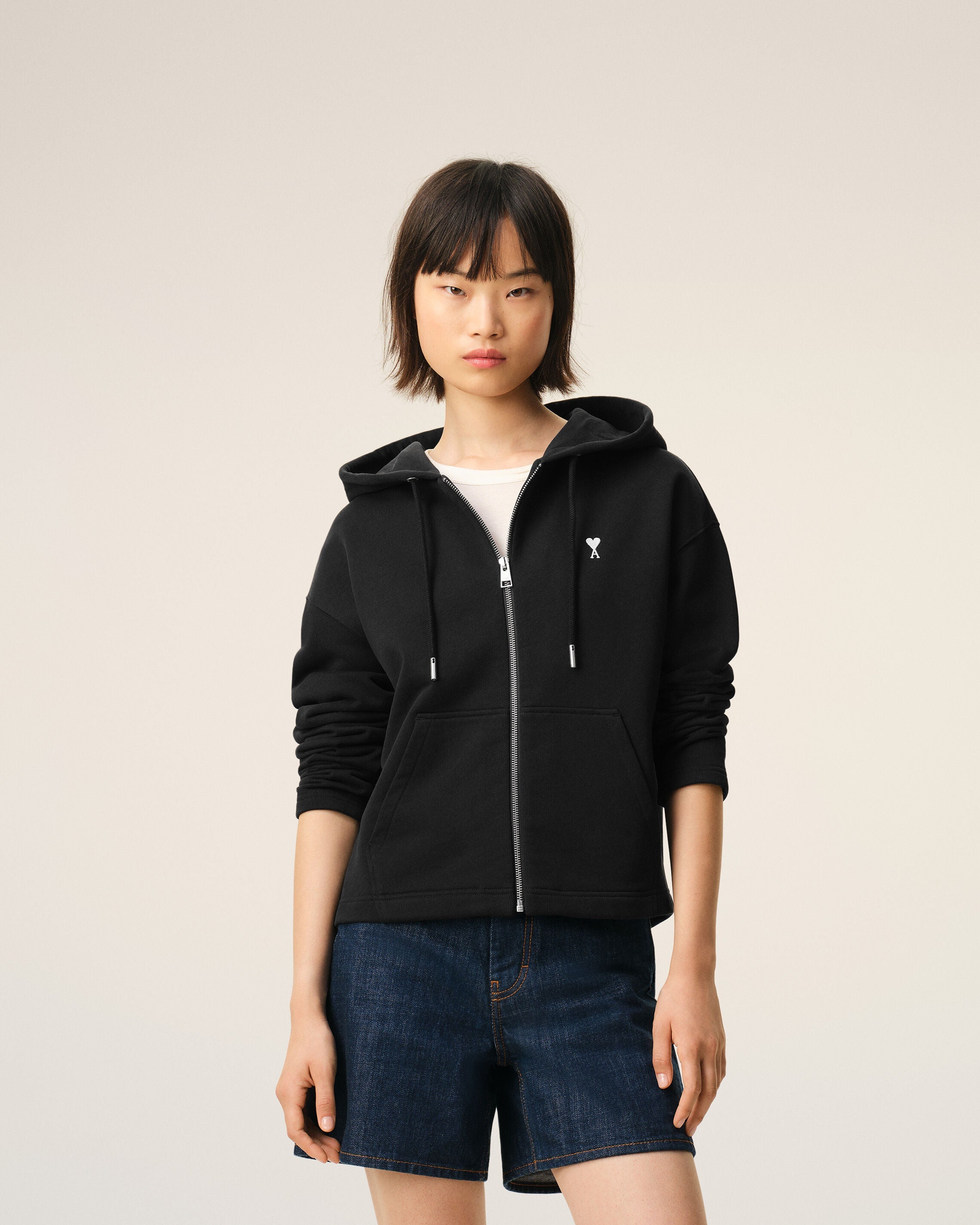 Black Cotton Ami De Coeur Zipped Hoodie