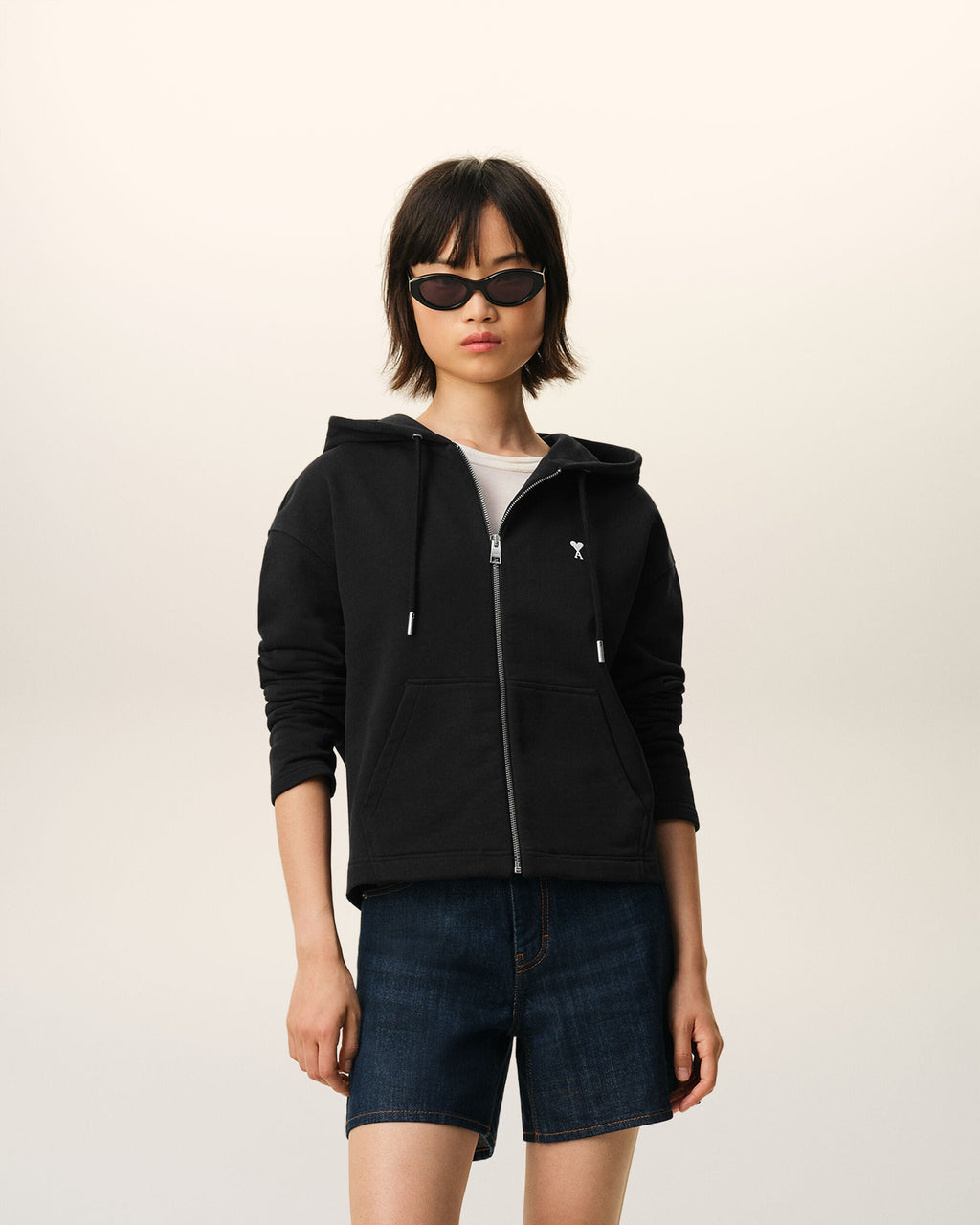 Black Cotton Ami De Coeur Zipped Hoodie