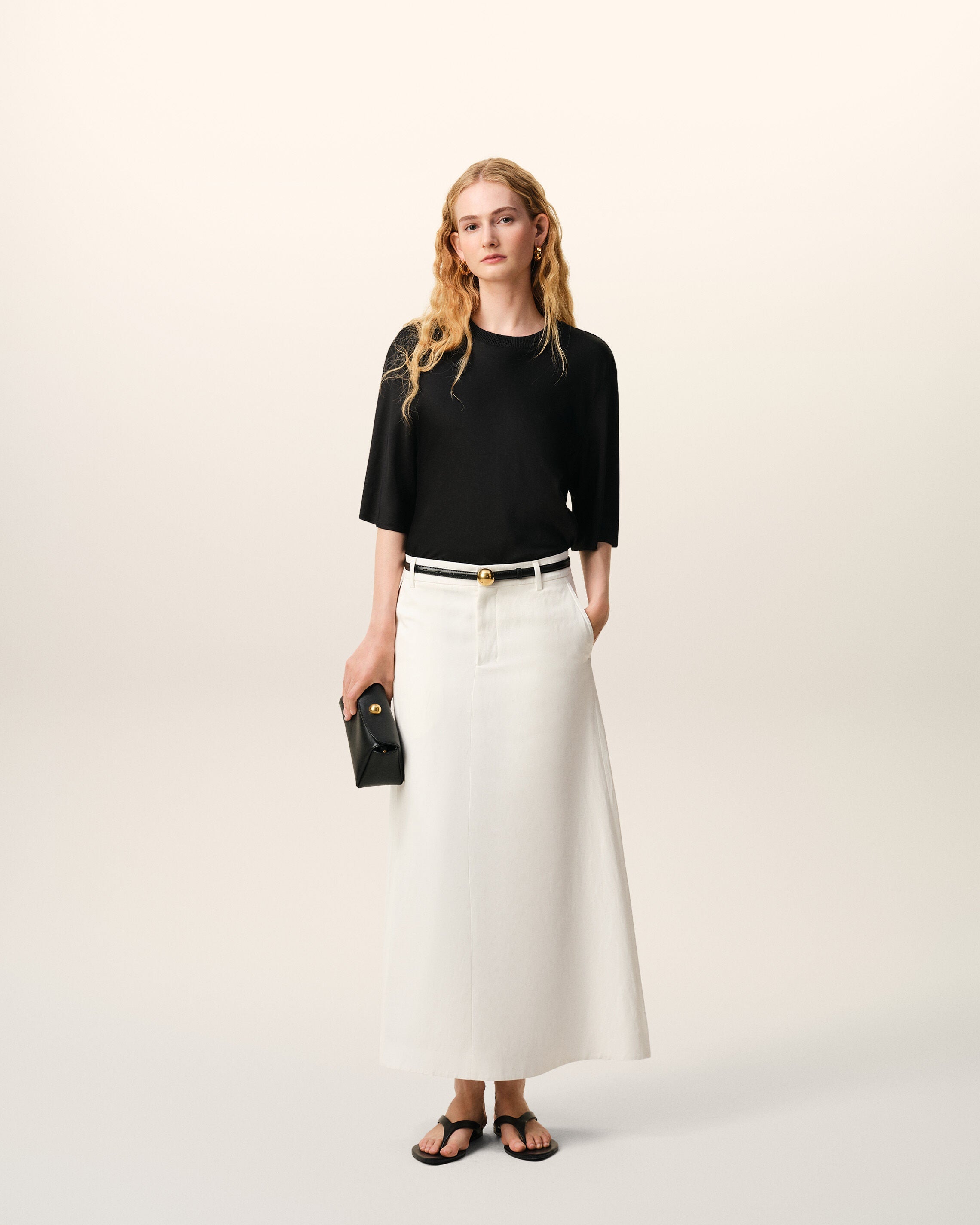 Black Satin Short Sleeves Rib Detail T-shirt