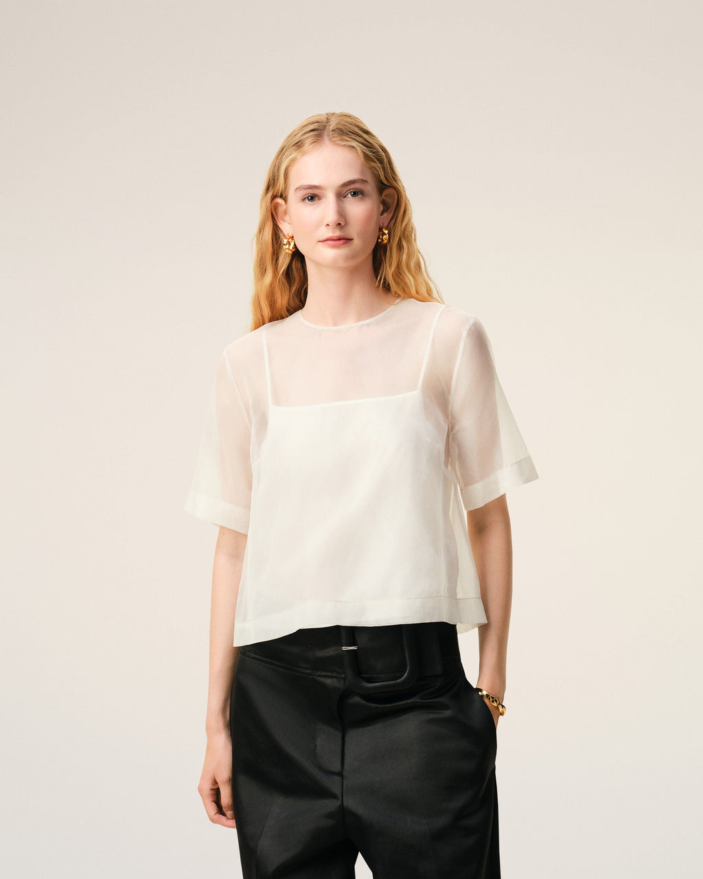 White SIlk Short Sleeves Sheer With Undertop Top