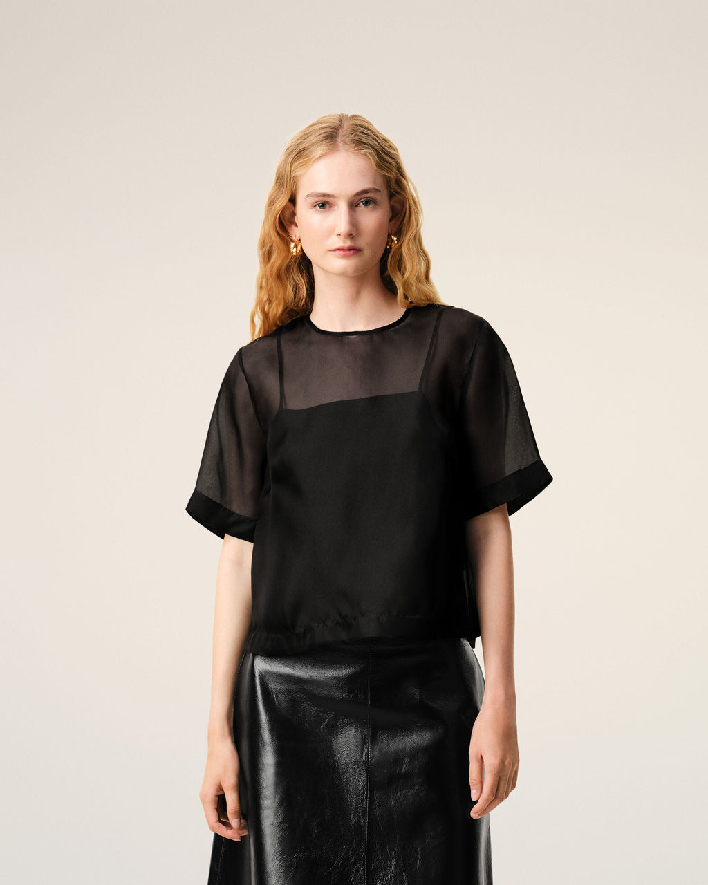 Black SIlk Short Sleeves Sheer With Undertop Top