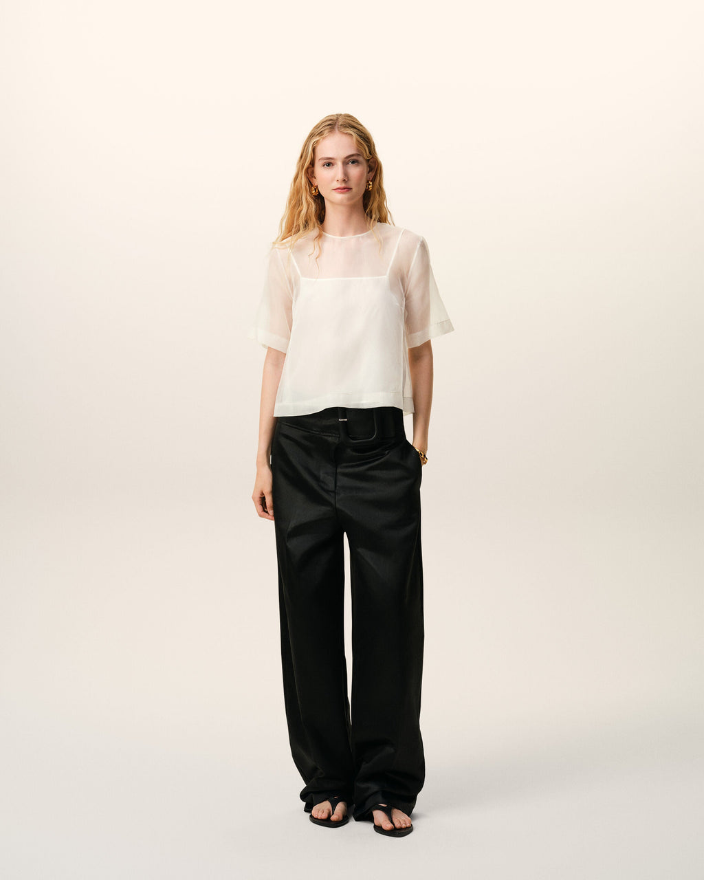 White SIlk Short Sleeves Sheer With Undertop Top
