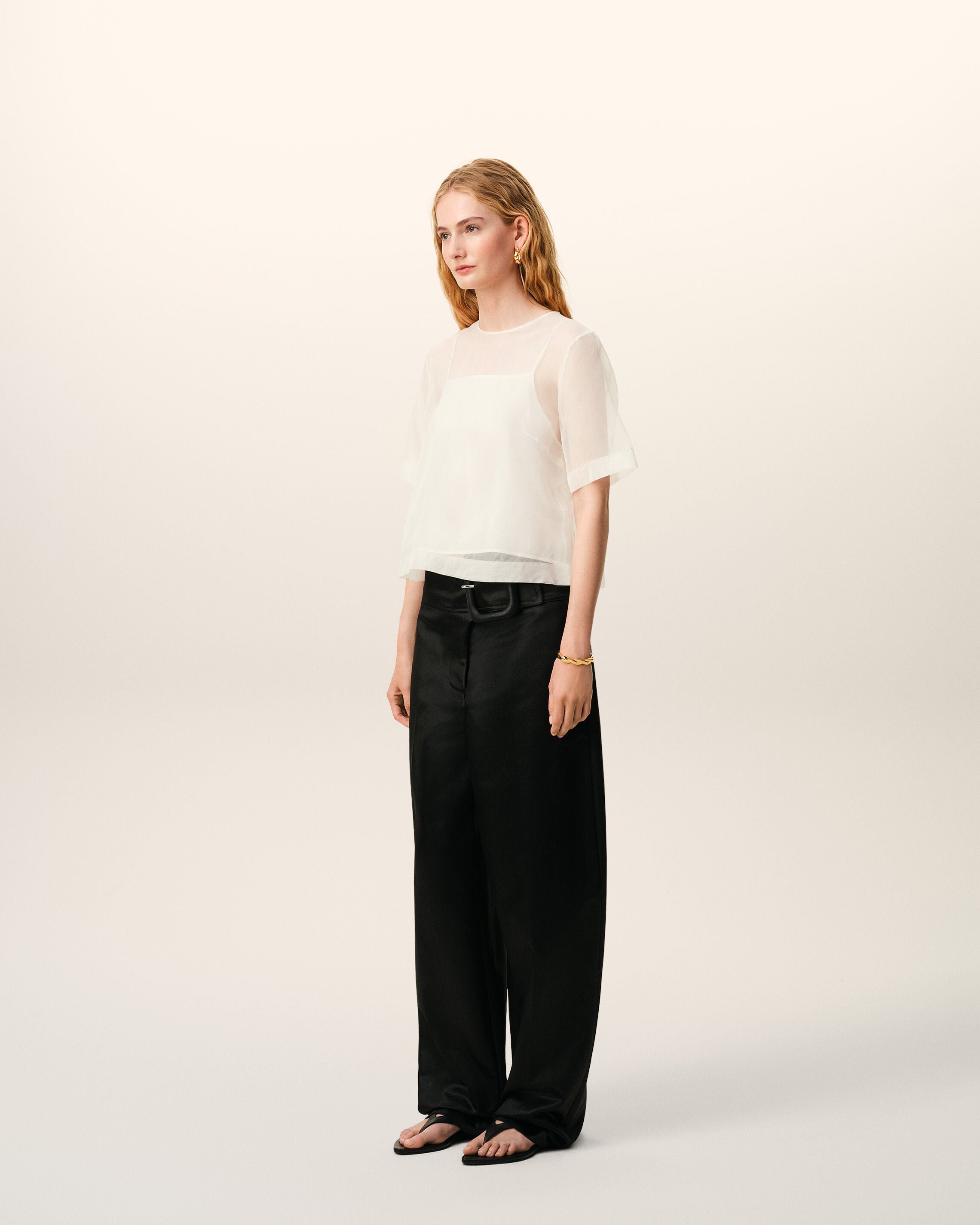 White SIlk Short Sleeves Sheer With Undertop Top