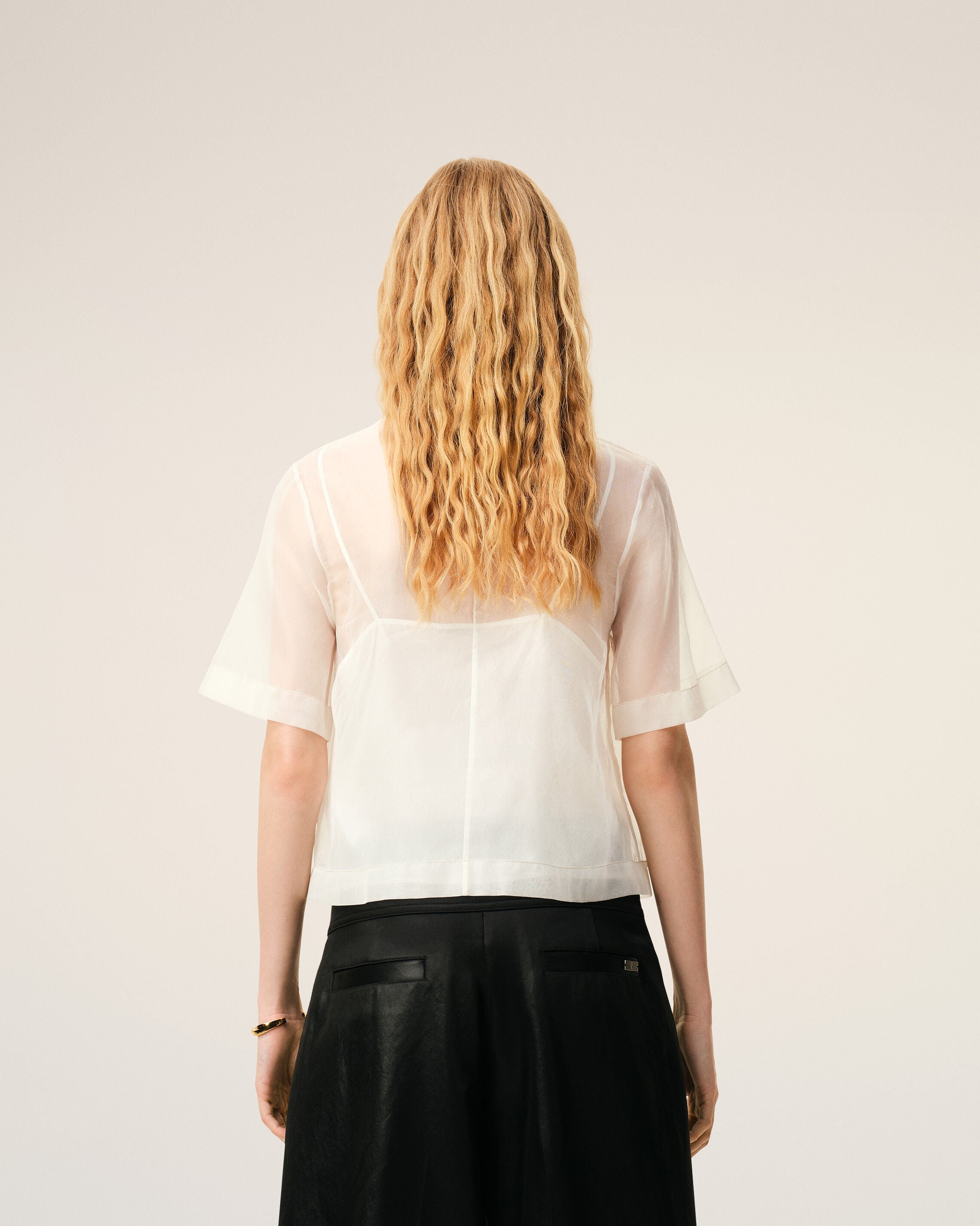 White SIlk Short Sleeves Sheer With Undertop Top