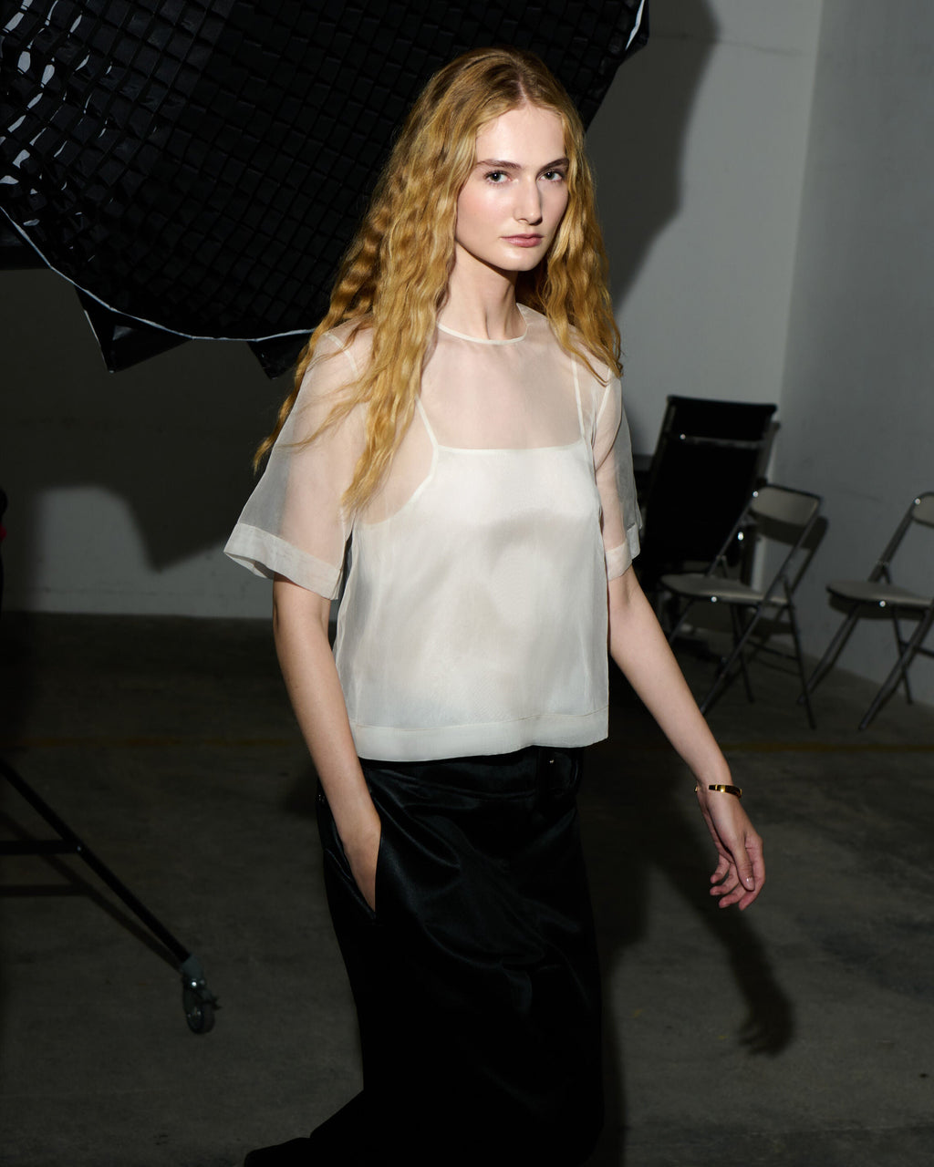 White SIlk Short Sleeves Sheer With Undertop Top