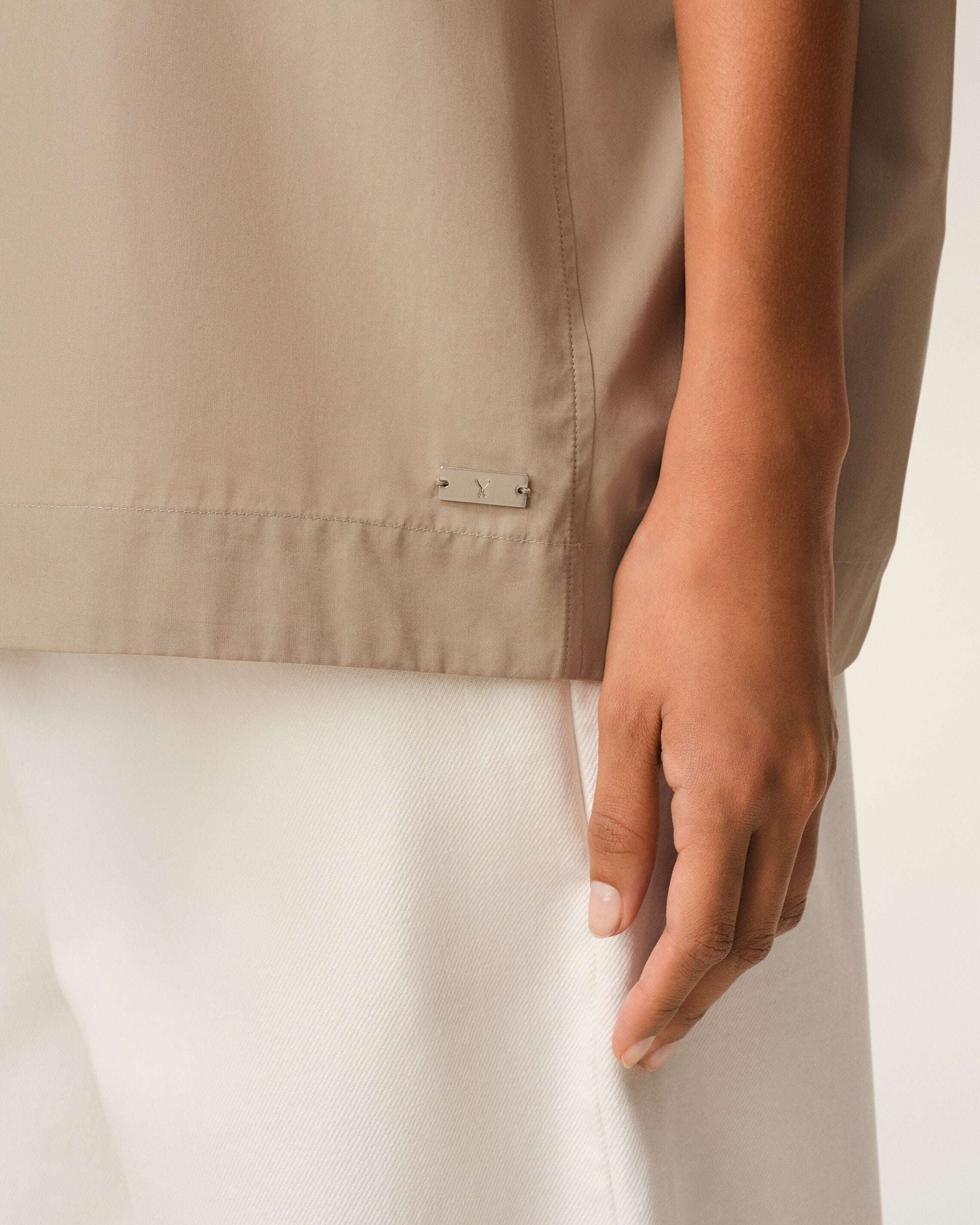 Beige Cotton Stand Up Collar Buttoned Top
