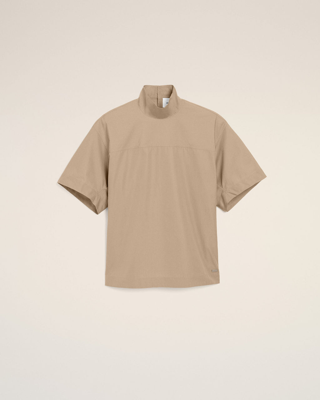 Beige Cotton Stand Up Collar Buttoned Top
