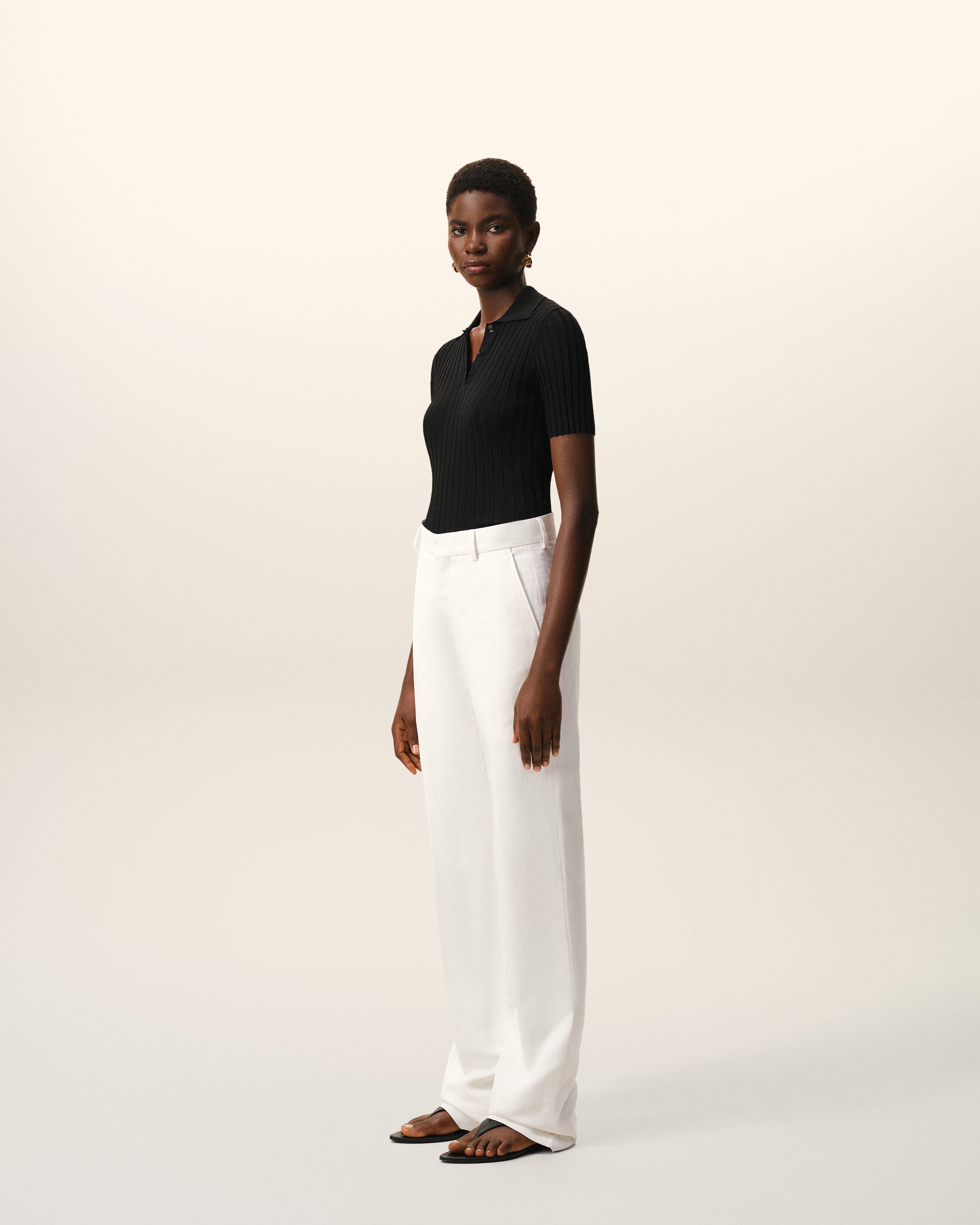 White Blended Linen Low Waist Straight Pant