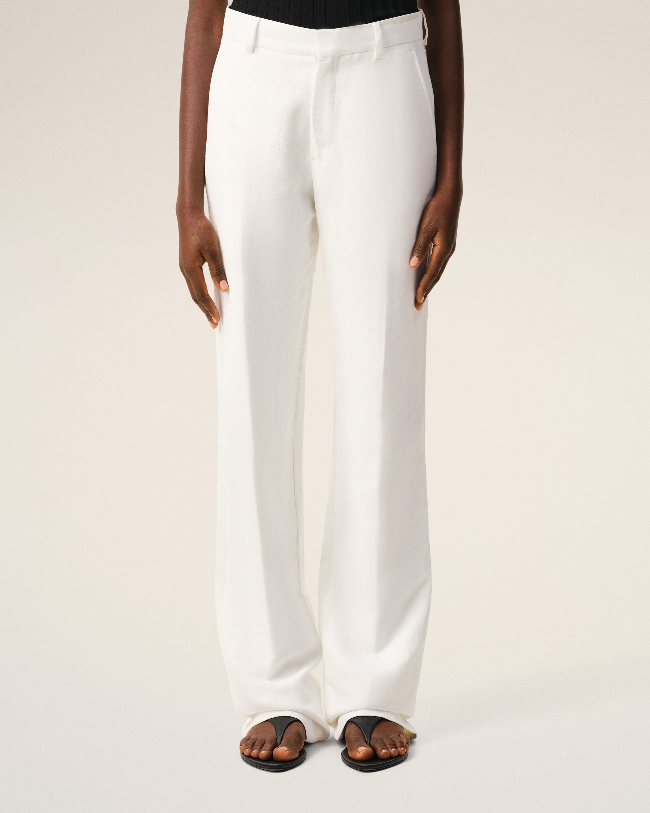 White Blended Linen Low Waist Straight Pant