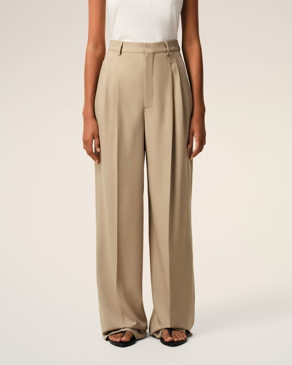 Beige New Wool High Waist Wide Trousers With Two Pleats