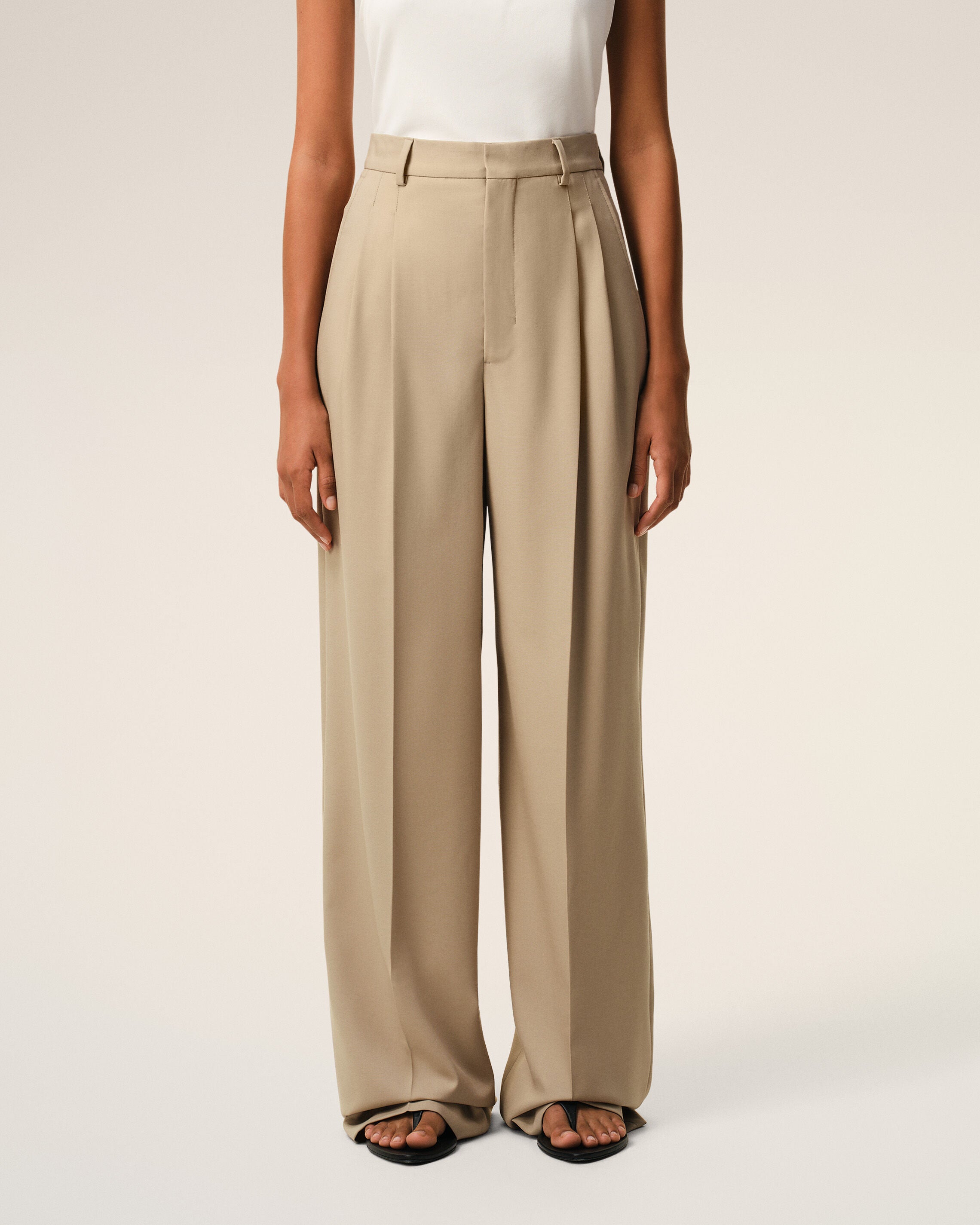 Beige New Wool High Waist Wide Trousers With Two Pleats